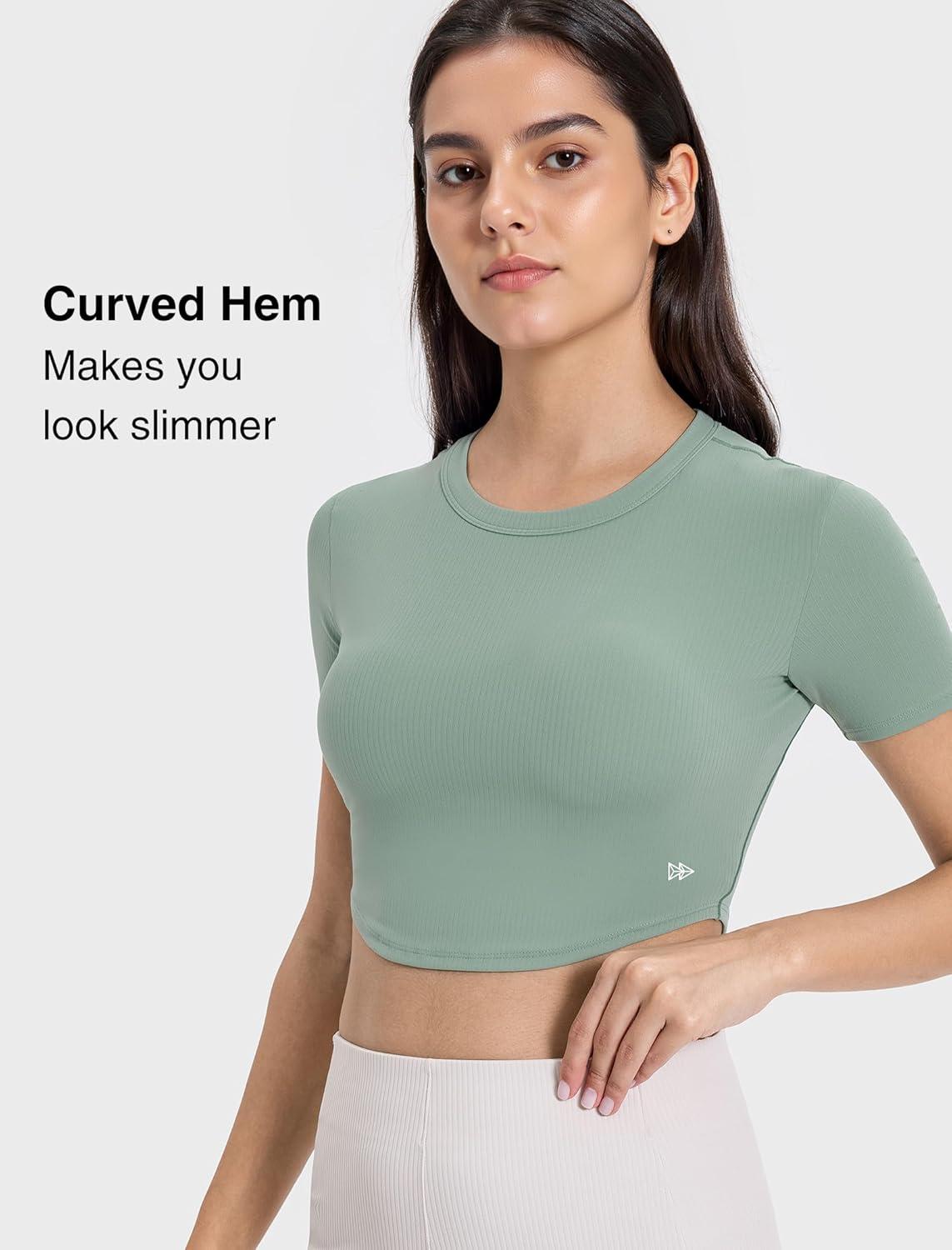 Yvette Womens Cropped Top Short Sleeve Breathable T-Shirts Athletic Yoga Tee Tops(Green)