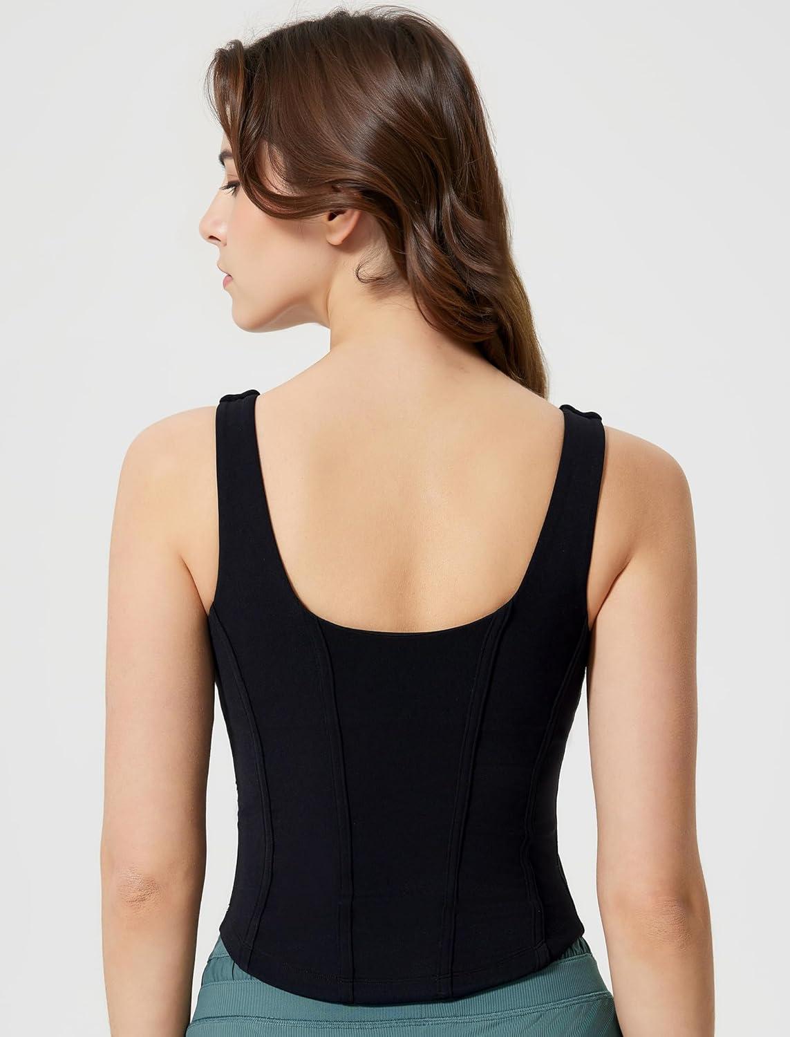 Yvette Athletic Tank Tops for Women Built in Bra Workout Yoga Padded Basic Cami Shirts Gym Tennis Pickleball(Black)