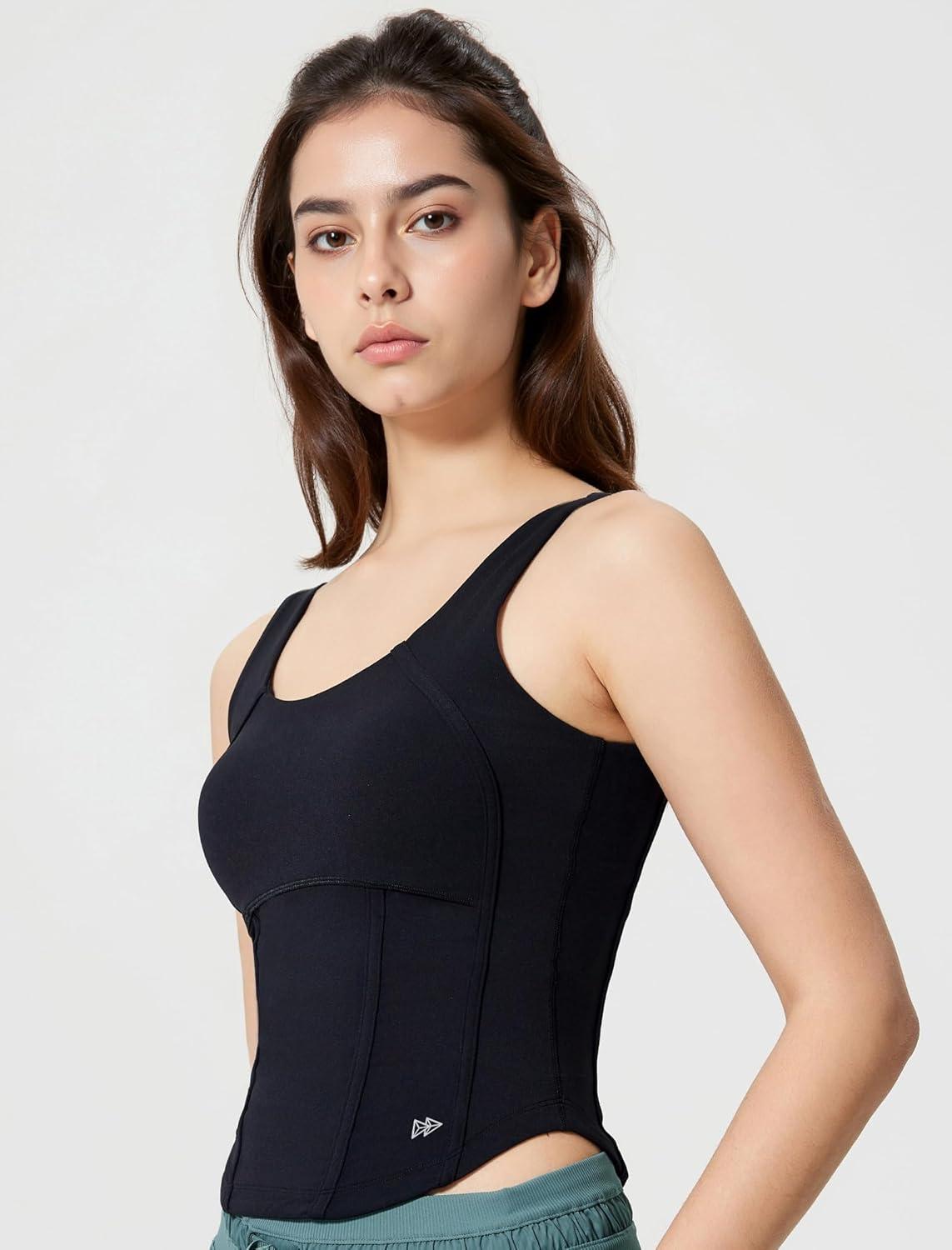 Yvette Athletic Tank Tops for Women Built in Bra Workout Yoga Padded Basic Cami Shirts Gym Tennis Pickleball(Black)