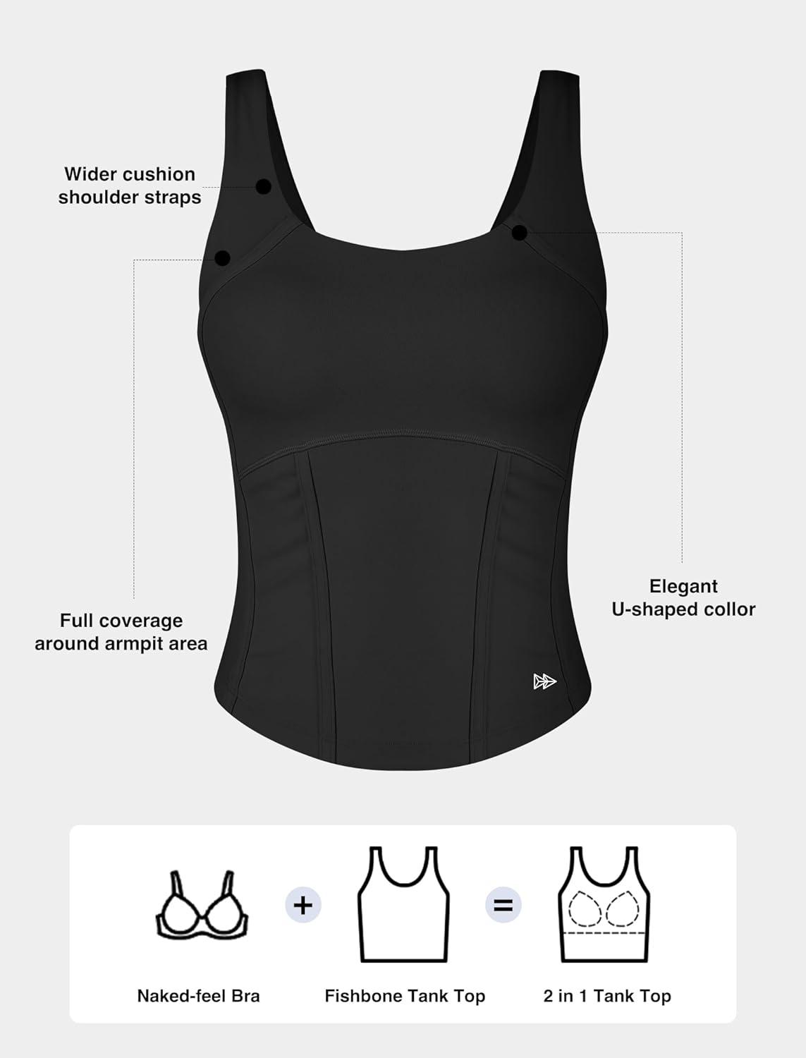Yvette Athletic Tank Tops for Women Built in Bra Workout Yoga Padded Basic Cami Shirts Gym Tennis Pickleball(Black)