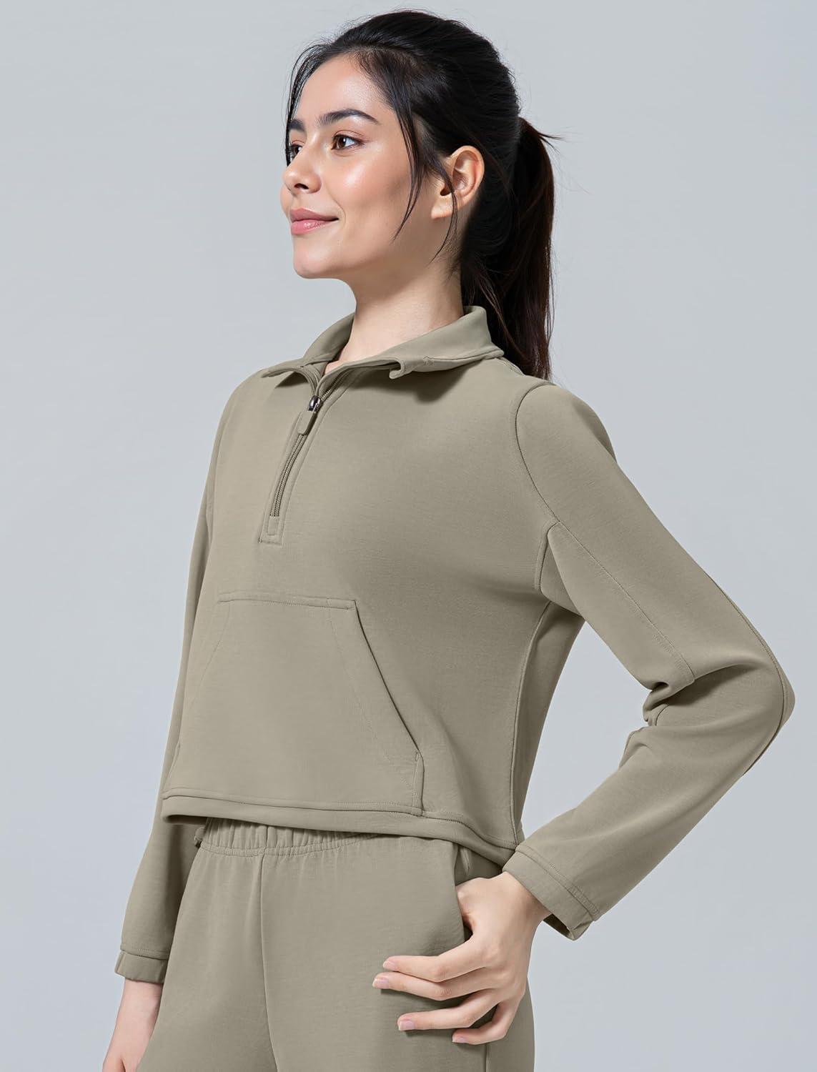 Yvette Womens’ Half Zip Pullover Stand Collar Cropped Workout Sweatshirt with Pockets Long Sleeve Shirts Clothes(Brown)