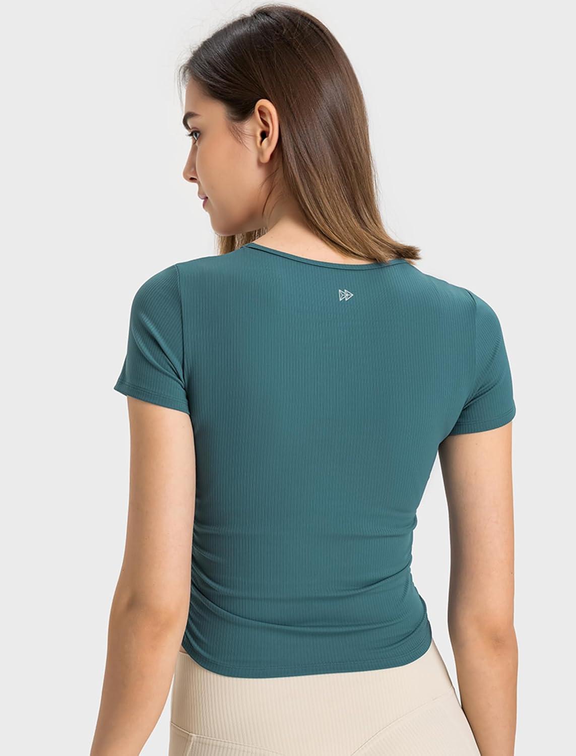 Yvette Women’s Short Sleeve Crop Tops Slim Fit Breathable Cropped Athletic Shirts Gym Casual Workout Basic Tee(Dark Green)
