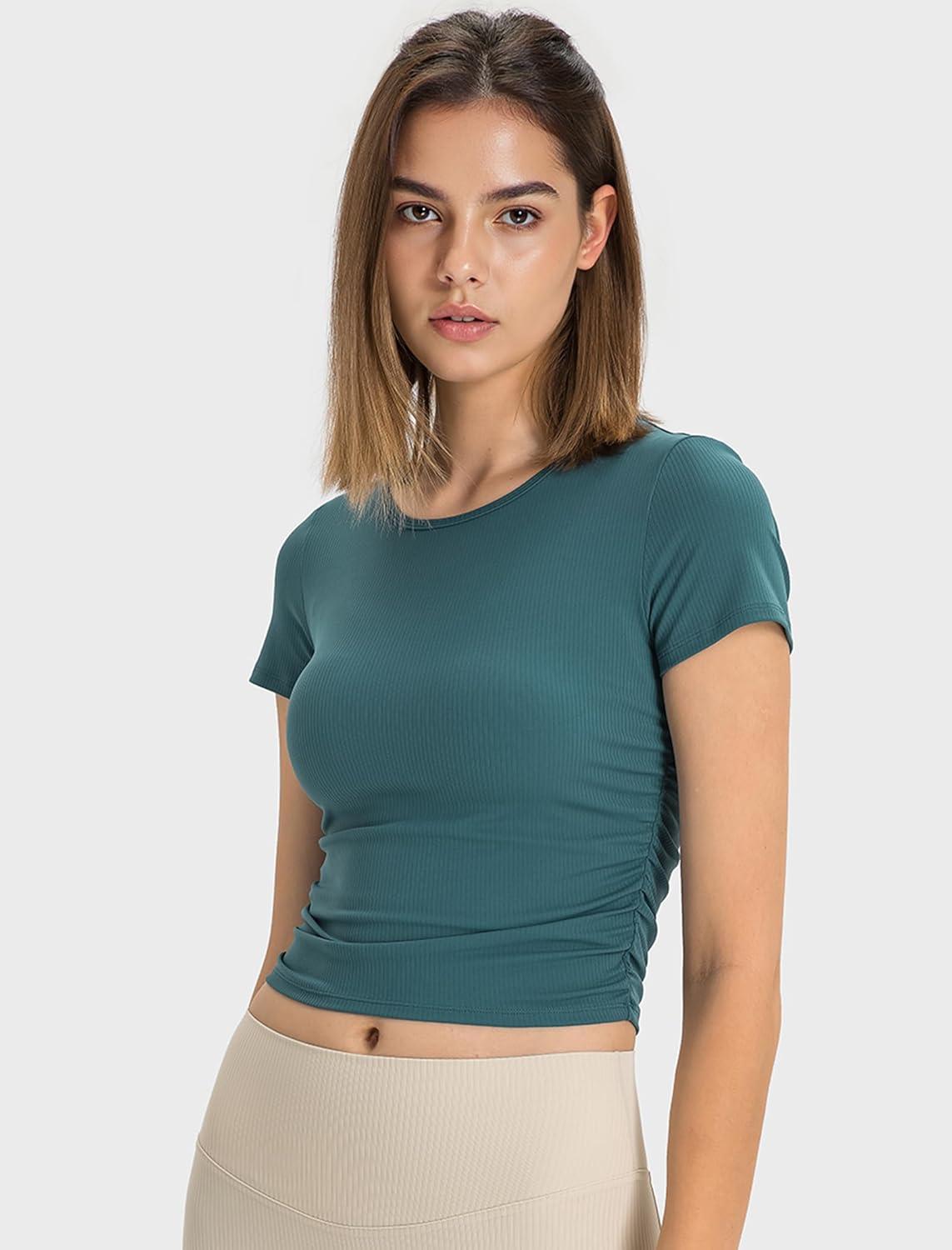 Yvette Women’s Short Sleeve Crop Tops Slim Fit Breathable Cropped Athletic Shirts Gym Casual Workout Basic Tee(Dark Green)