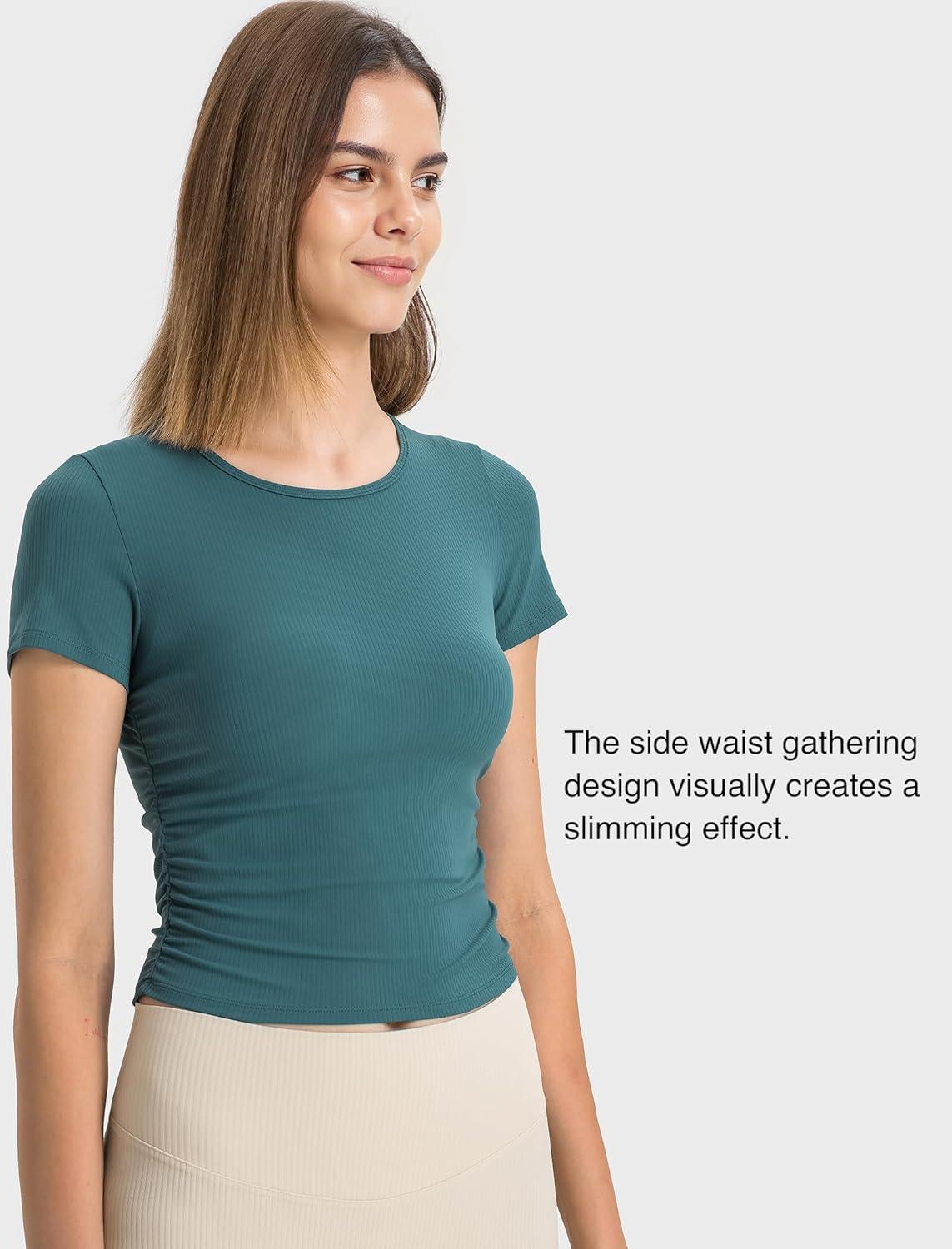 Yvette Women’s Short Sleeve Crop Tops Slim Fit Breathable Cropped Athletic Shirts Gym Casual Workout Basic Tee(Dark Green)