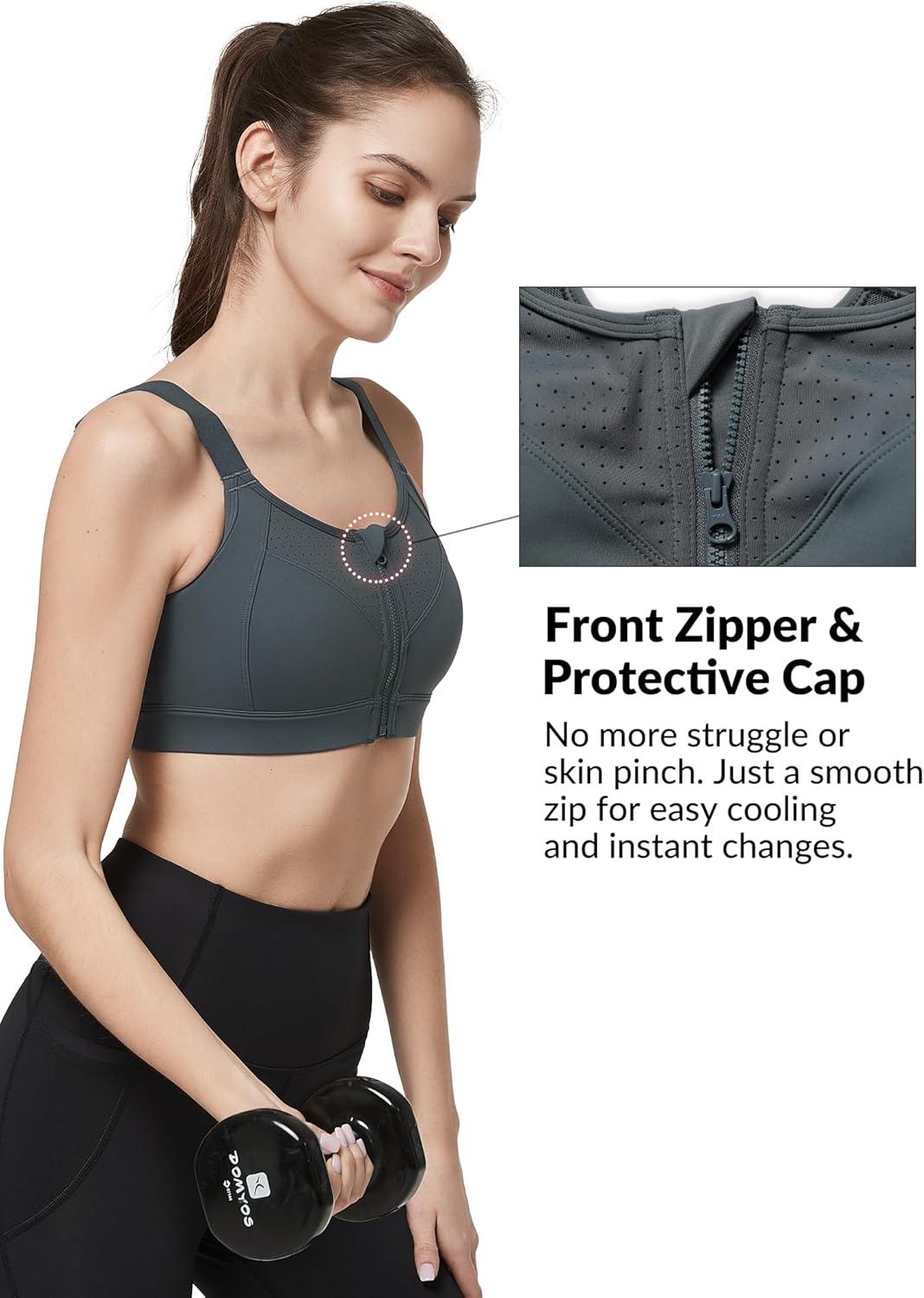 Yvette Adjustable Sports Bras for Women High Impact Support – Zip Front Sports Bra Plus Size Wireless for Running Workout(Haze Blue)