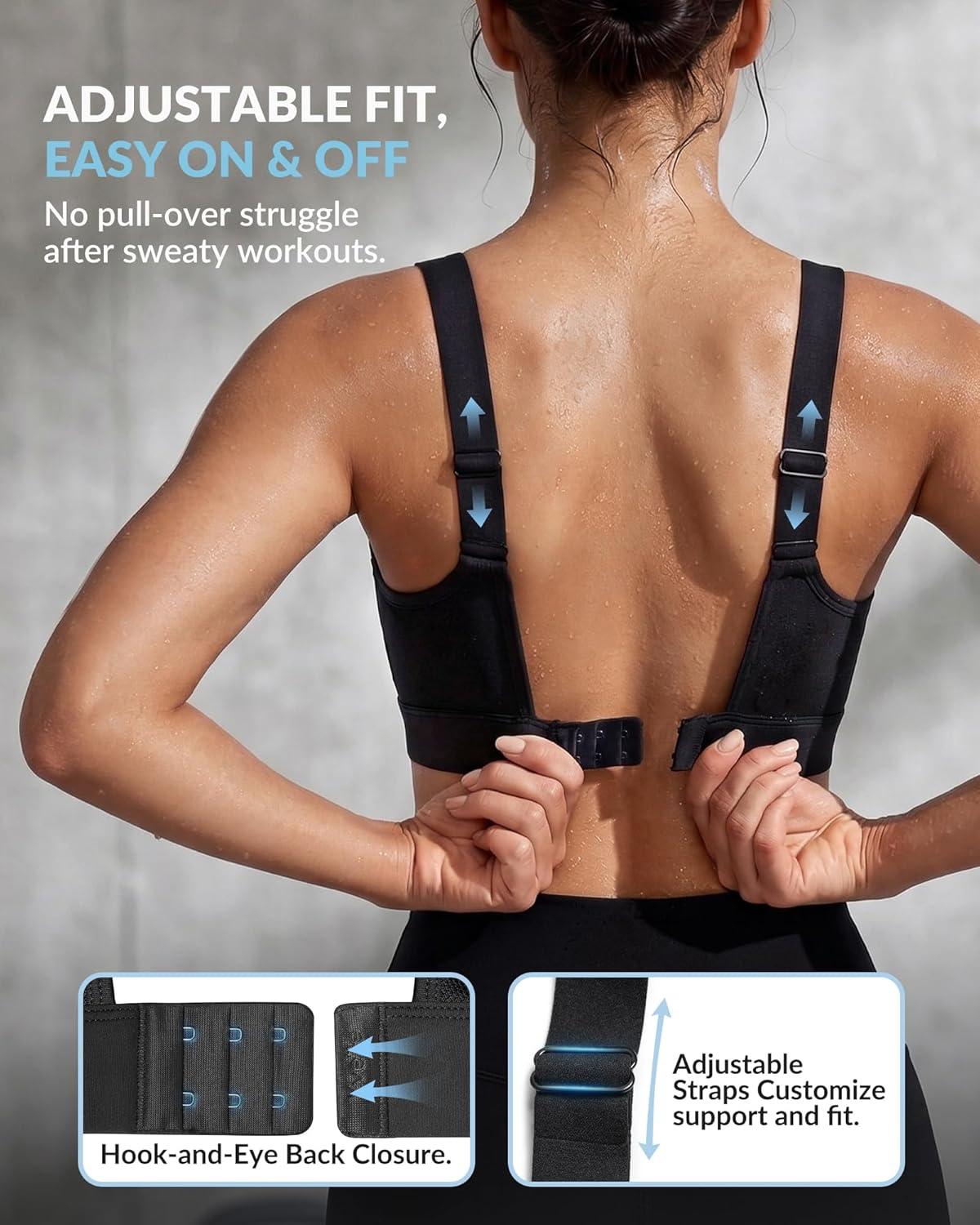 Yvette High Impact Sports Bra for Women, Adjustable Workout Soft Support Bra for Running Yoga, Pilates, Lounge & Gym(Black)