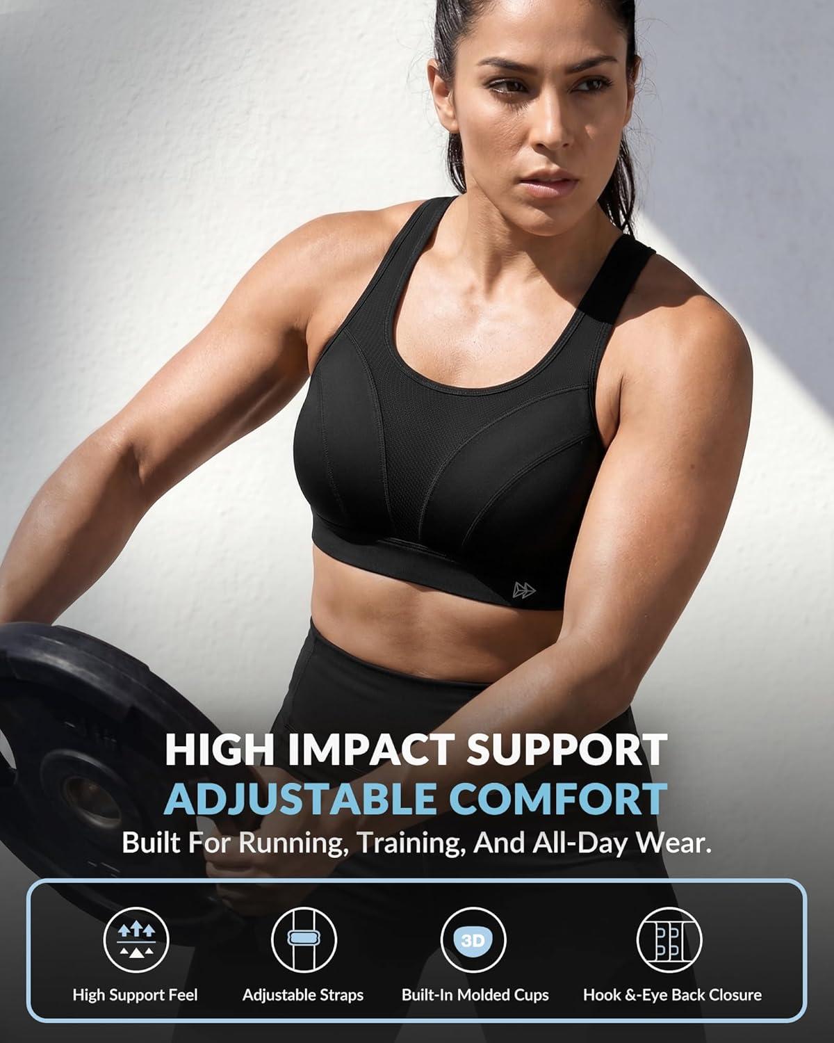 Yvette High Impact Sports Bra for Women, Adjustable Workout Soft Support Bra for Running Yoga, Pilates, Lounge & Gym(Black)