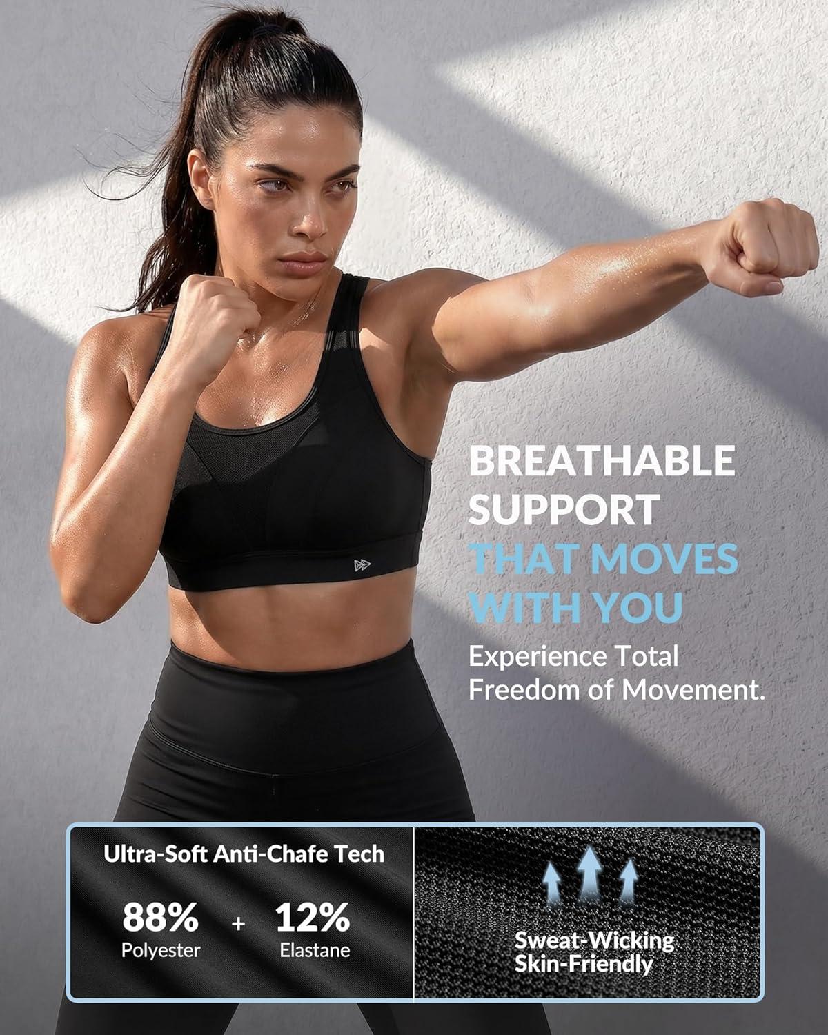 Yvette High Impact Sports Bra for Women, Adjustable Workout Soft Support Bra for Running Yoga, Pilates, Lounge & Gym(Black)