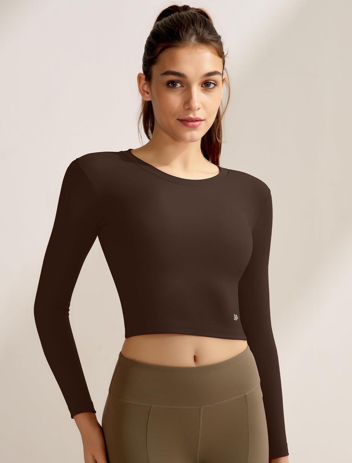 Yvette Womens Backless Long Sleeve Crop Tops Slim Fit Shirts for Yoga(Brown)