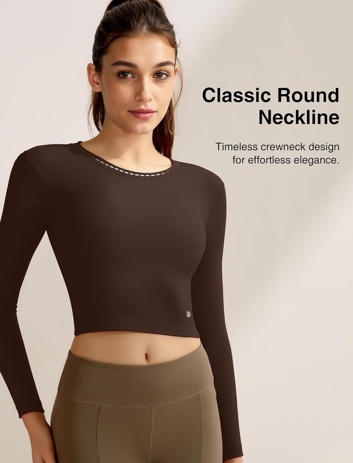 Yvette Womens Backless Long Sleeve Crop Tops Slim Fit Shirts for Yoga(Brown)
