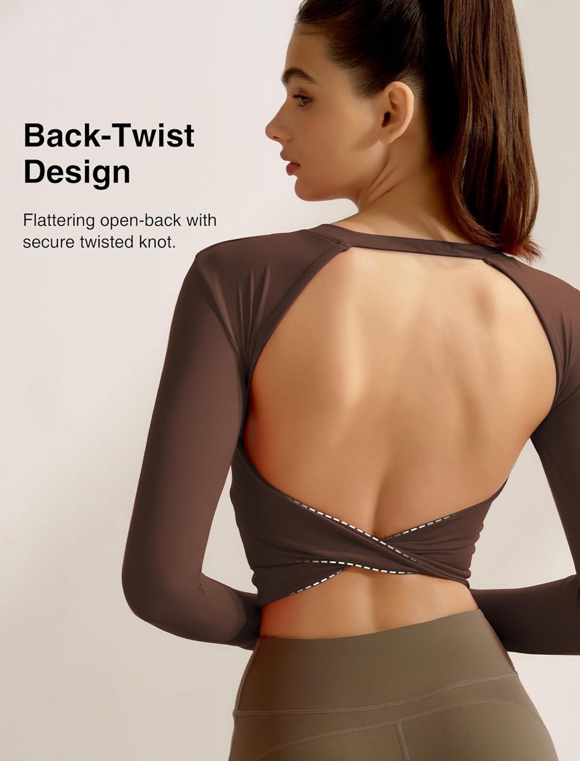 Yvette Womens Backless Long Sleeve Crop Tops Slim Fit Shirts for Yoga(Brown)