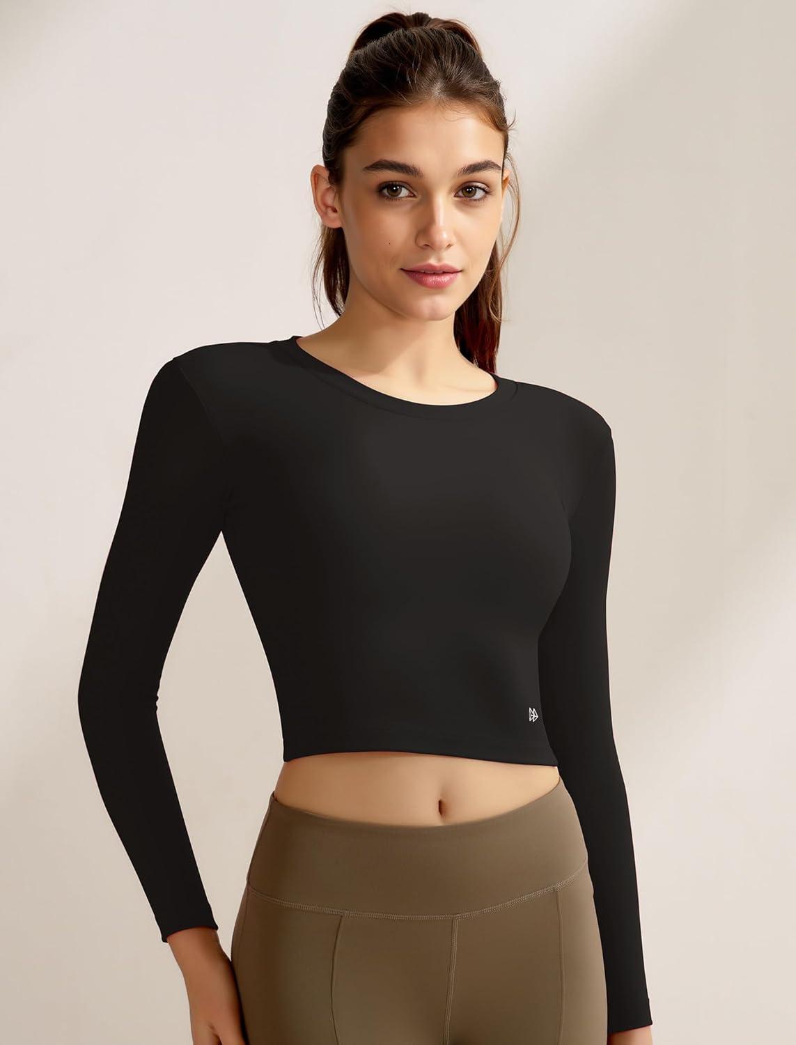 Yvette Womens Backless Long Sleeve Crop Tops Slim Fit Shirts for Yoga(Black)