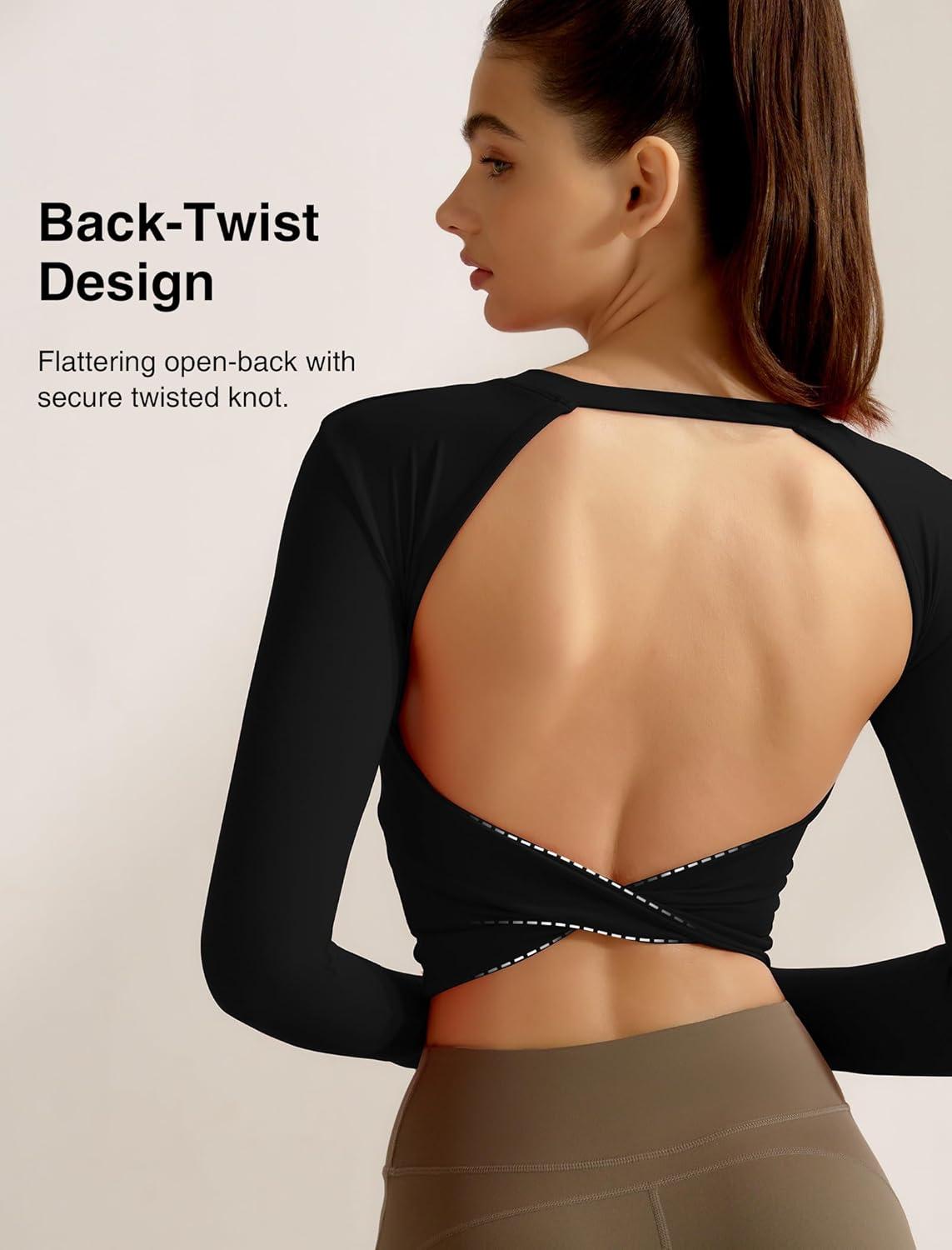 Yvette Womens Backless Long Sleeve Crop Tops Slim Fit Shirts for Yoga(Black)