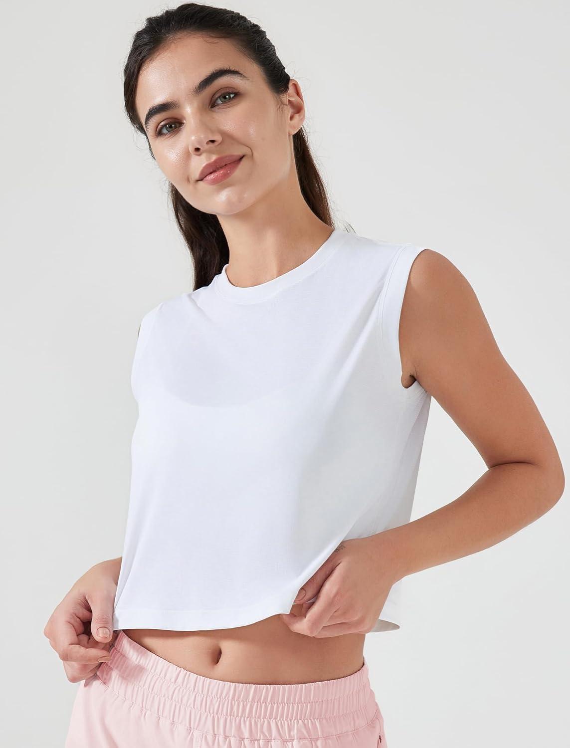 Yvette Women’s Sleeveless Crop Tank Tops Athletic Breathable Lightweight Workout Tennis Yoga Running Tee Shirts(White)