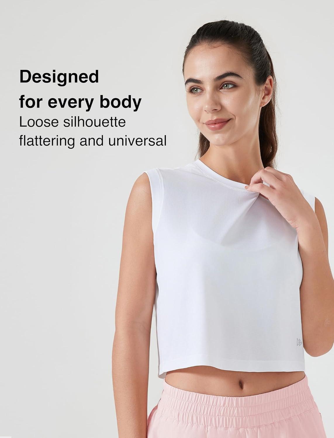 Yvette Women’s Sleeveless Crop Tank Tops Athletic Breathable Lightweight Workout Tennis Yoga Running Tee Shirts(White)