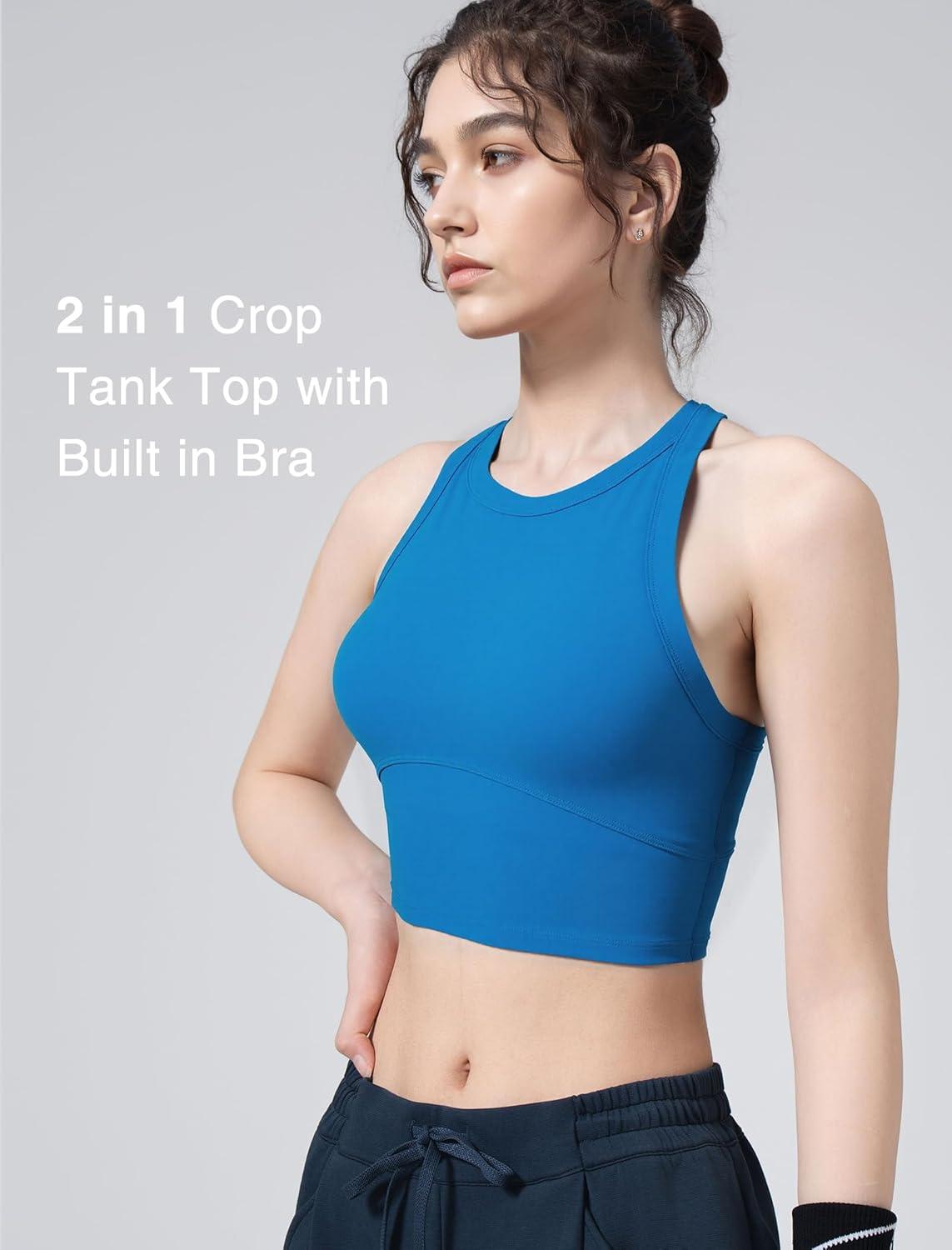 Yvette Longline High Neck Sports Bras for Women Racerback Padded Crop Tank Top with Built in Bra Workout Yoga(Blue)