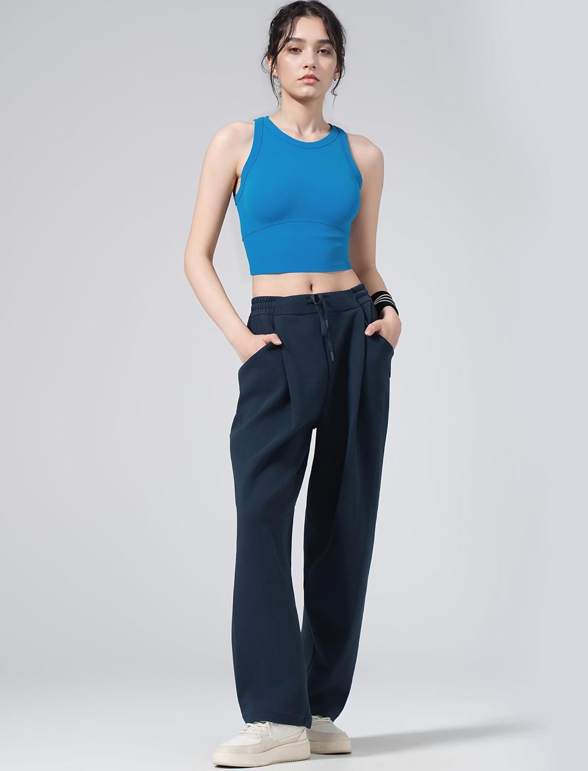 Yvette Longline High Neck Sports Bras for Women Racerback Padded Crop Tank Top with Built in Bra Workout Yoga(Blue)
