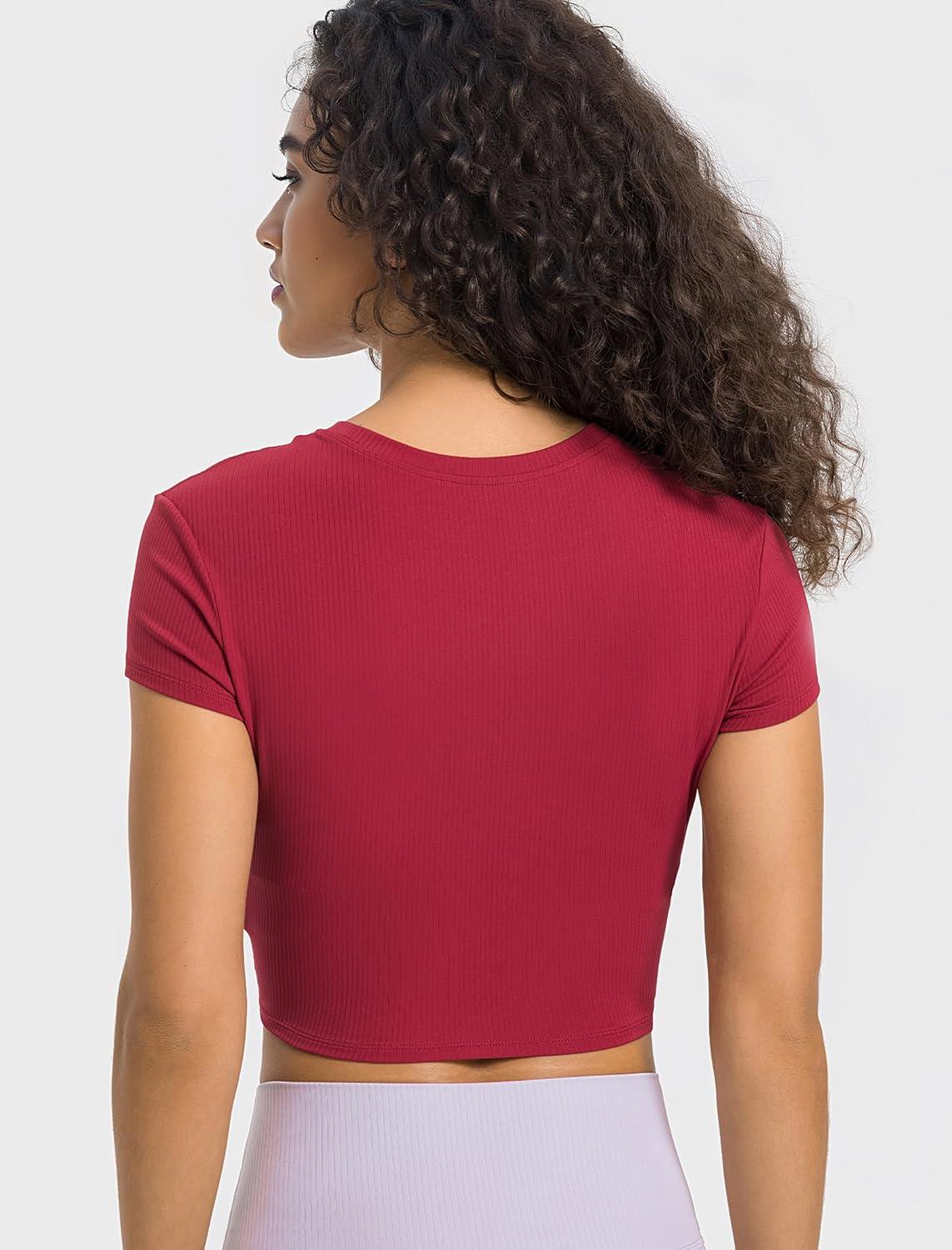 Yvette Women’s Athletic T-Shirts Workout Crop Top Short Sleeve Running Basic Tee Gym Casual Cropped Shirts(Rose Red)