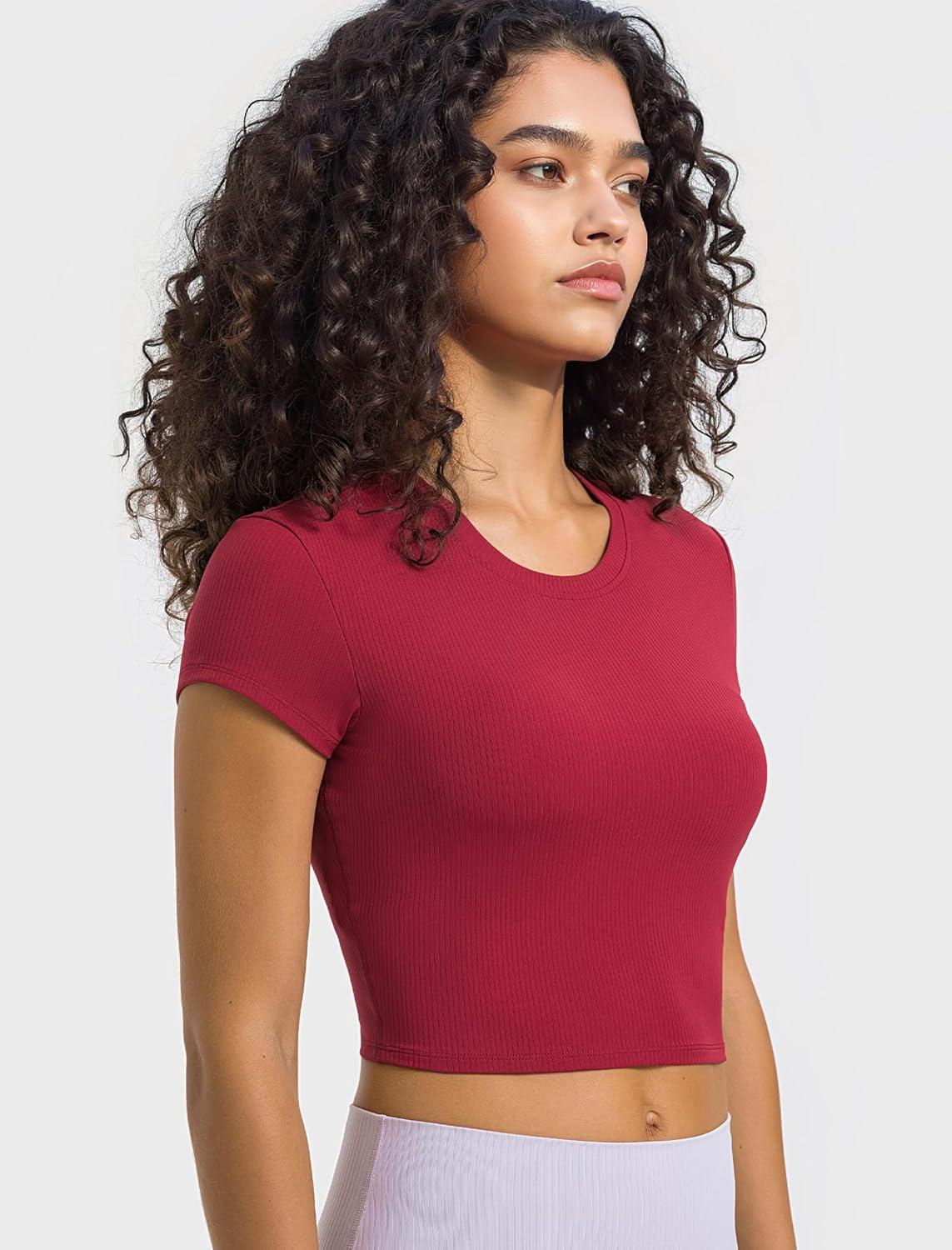 Yvette Women’s Athletic T-Shirts Workout Crop Top Short Sleeve Running Basic Tee Gym Casual Cropped Shirts(Rose Red)