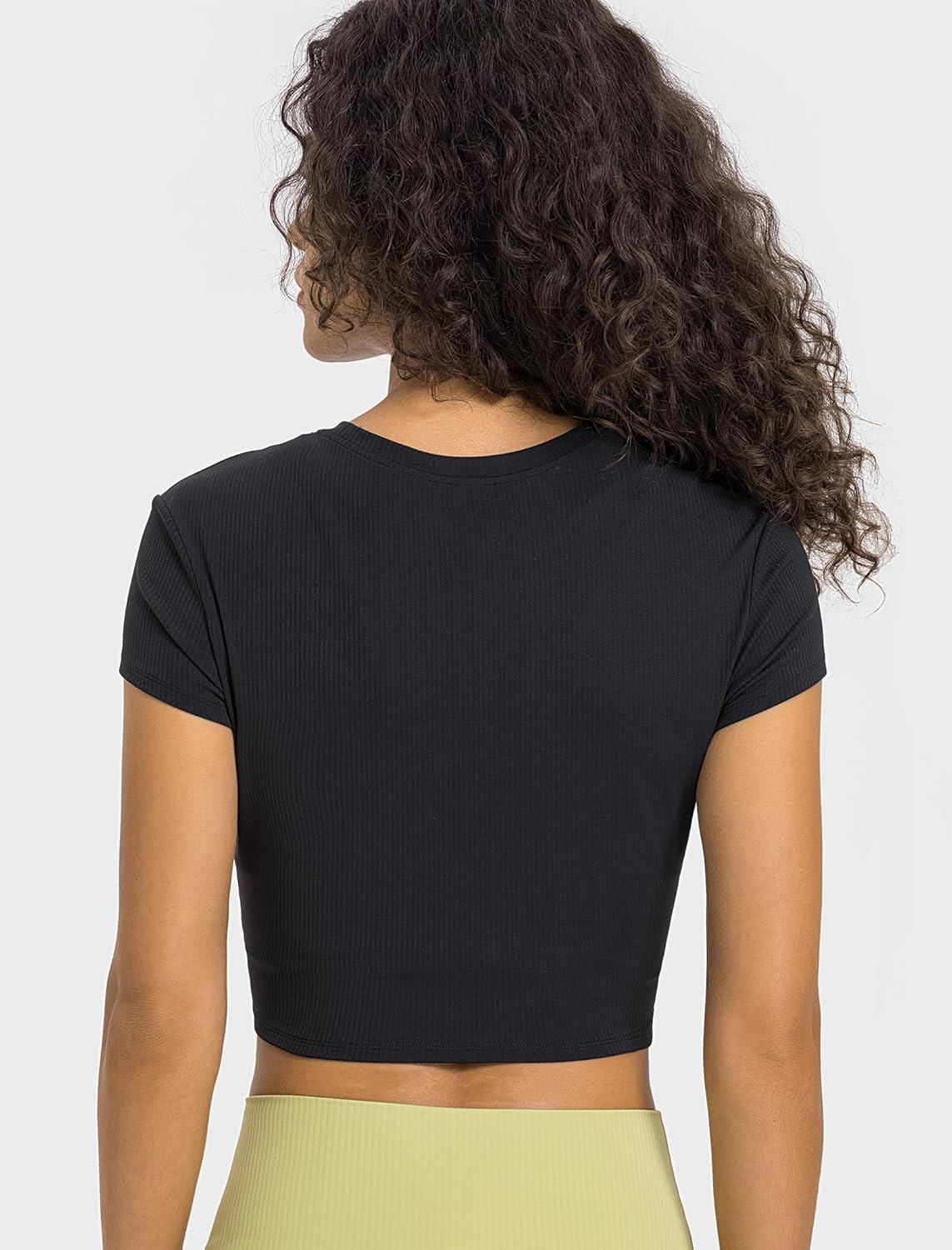 Yvette Women’s Athletic T-Shirts Workout Crop Top Short Sleeve Running Basic Tee Gym Casual Cropped Shirts(Black)
