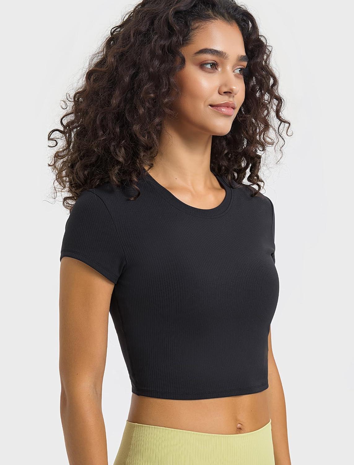 Yvette Women’s Athletic T-Shirts Workout Crop Top Short Sleeve Running Basic Tee Gym Casual Cropped Shirts(Black)