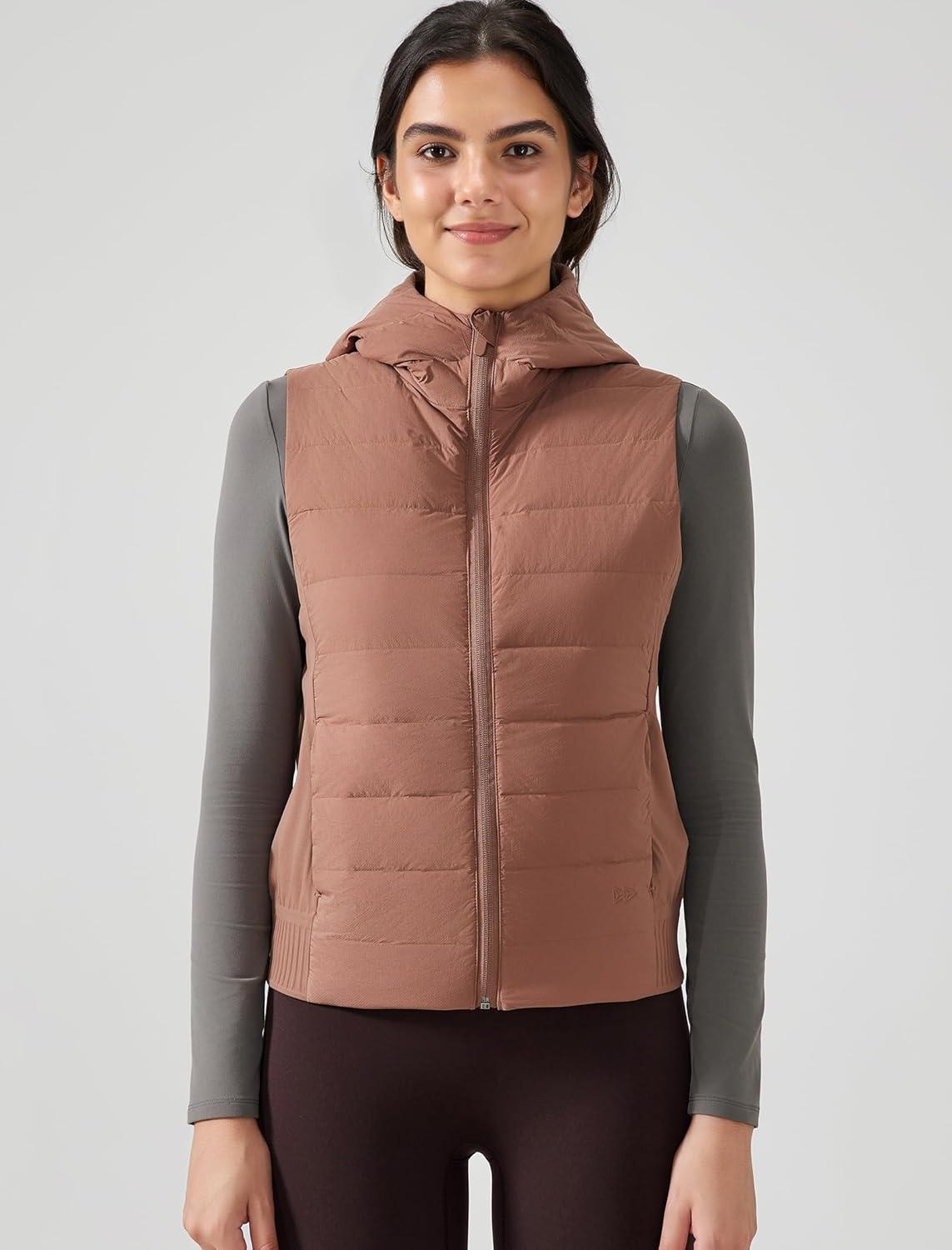 Yvette Women’s Hooded Lightweight Warm Windproof Zip Up Sleeveless Jacket for Hiking Golf Running(Brown)