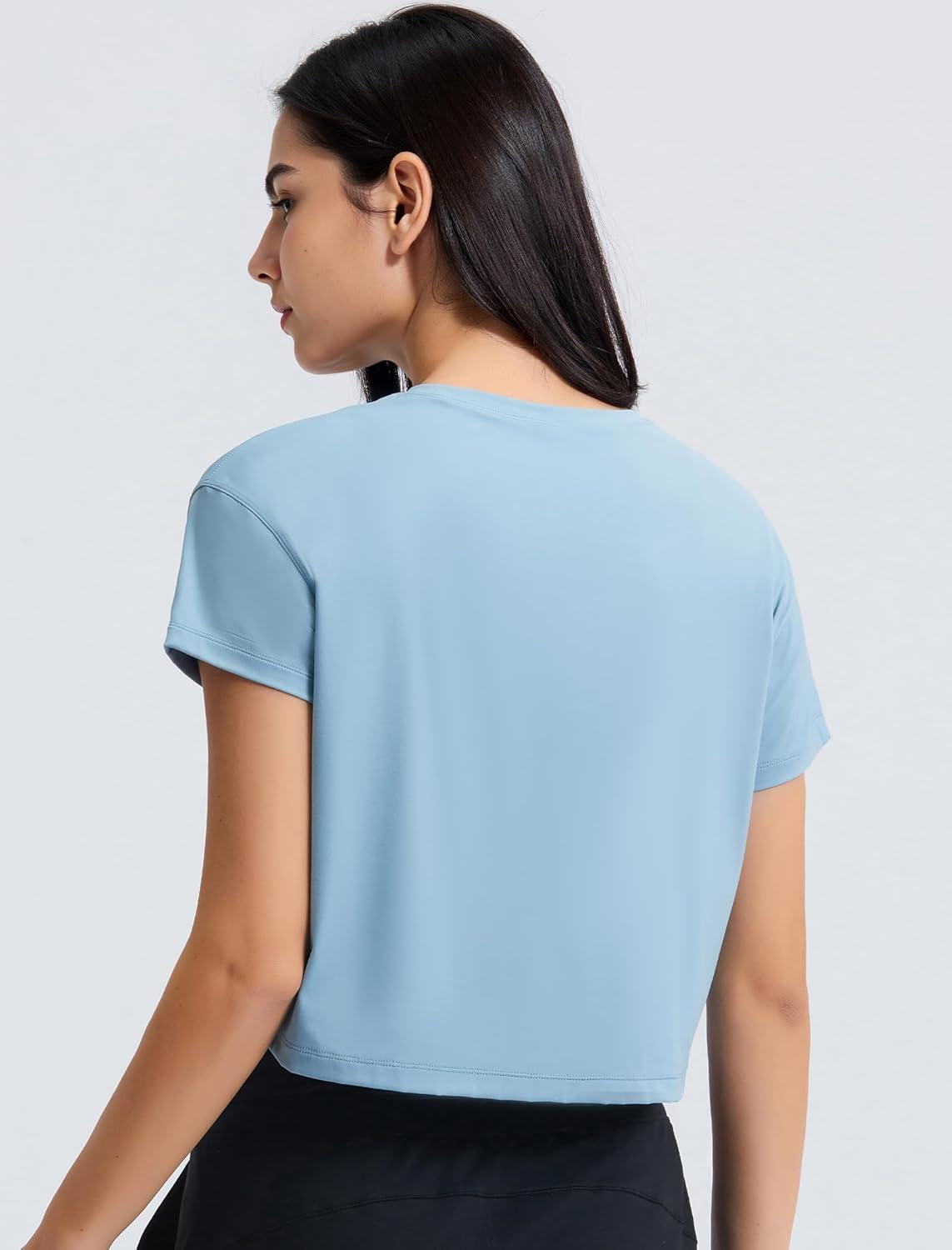 Yvette Workout Crop Tops for Women Loose Fit Short Sleeve Shirts Breathable Athletic Gym Yoga Casual Cropped T-Shirts(Blue)