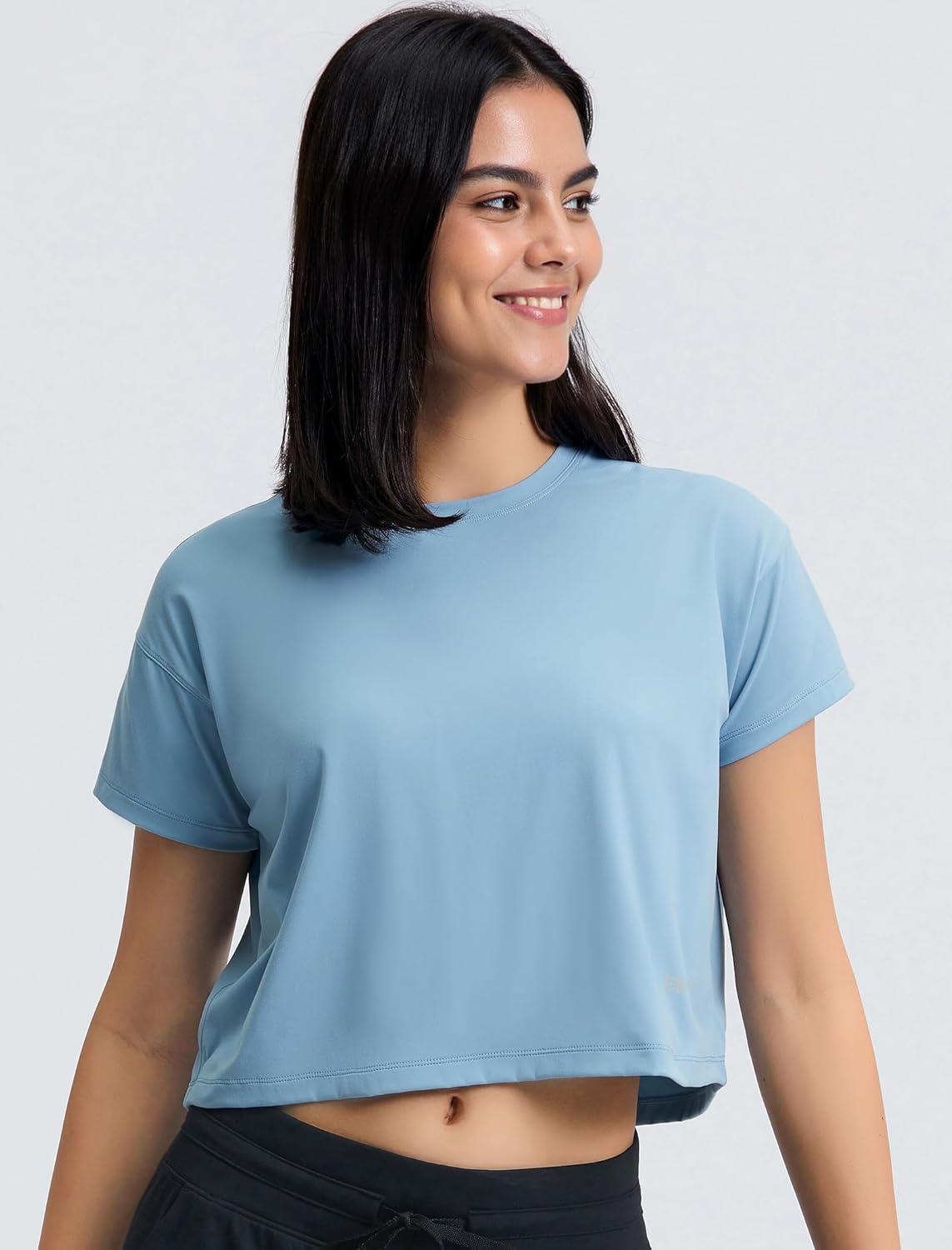 Yvette Workout Crop Tops for Women Loose Fit Short Sleeve Shirts Breathable Athletic Gym Yoga Casual Cropped T-Shirts(Blue)