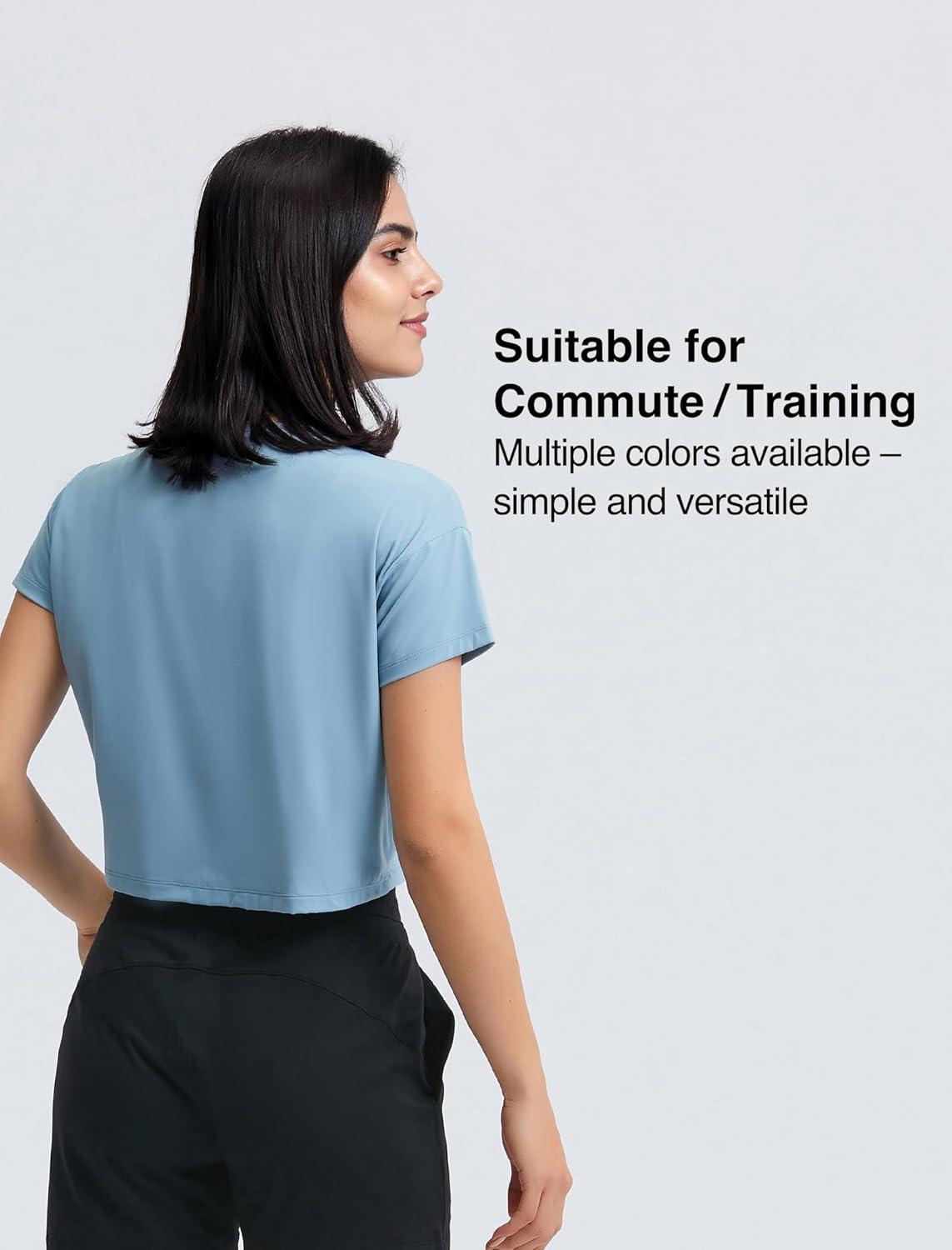 Yvette Workout Crop Tops for Women Loose Fit Short Sleeve Shirts Breathable Athletic Gym Yoga Casual Cropped T-Shirts(Blue)