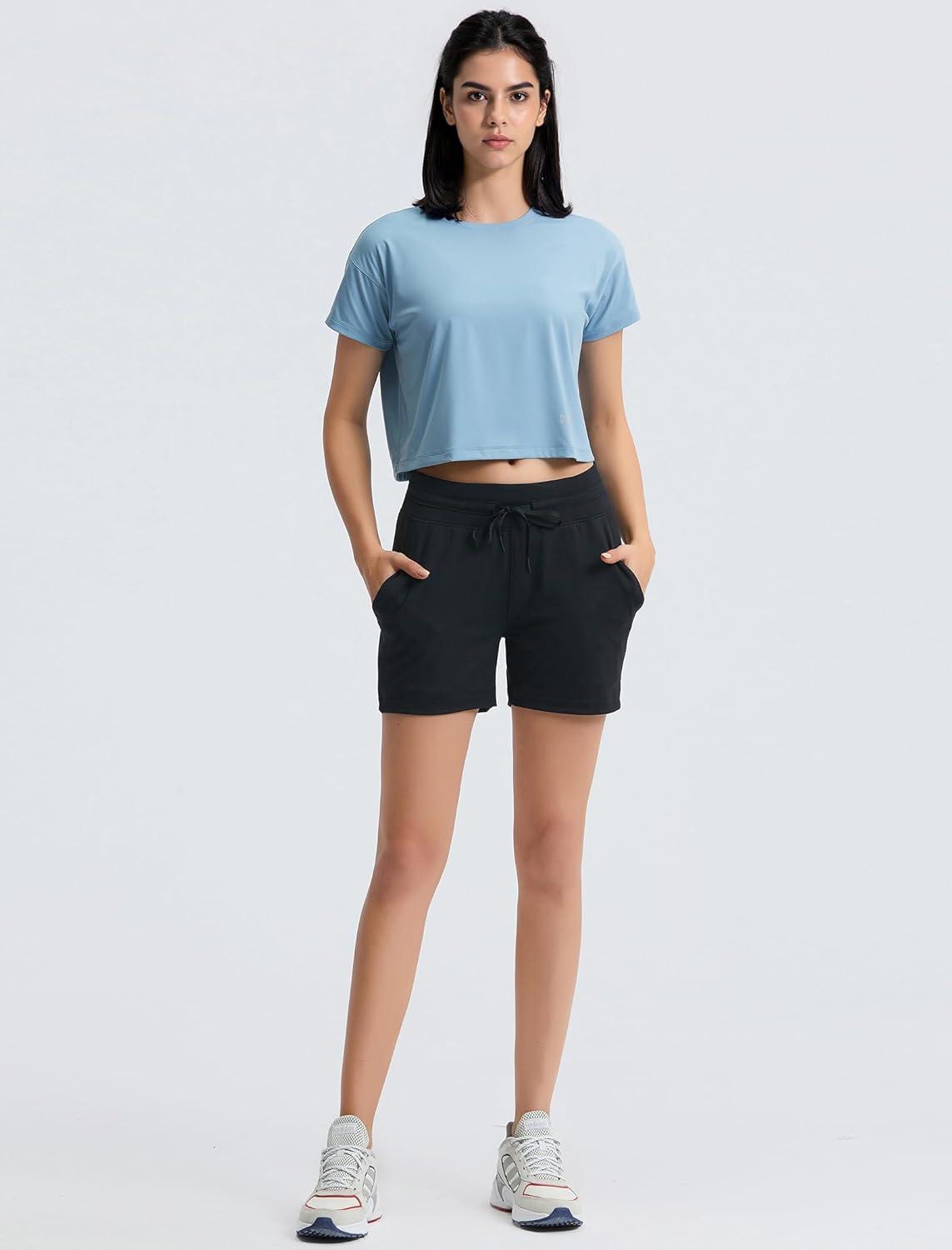 Yvette Workout Crop Tops for Women Loose Fit Short Sleeve Shirts Breathable Athletic Gym Yoga Casual Cropped T-Shirts(Blue)