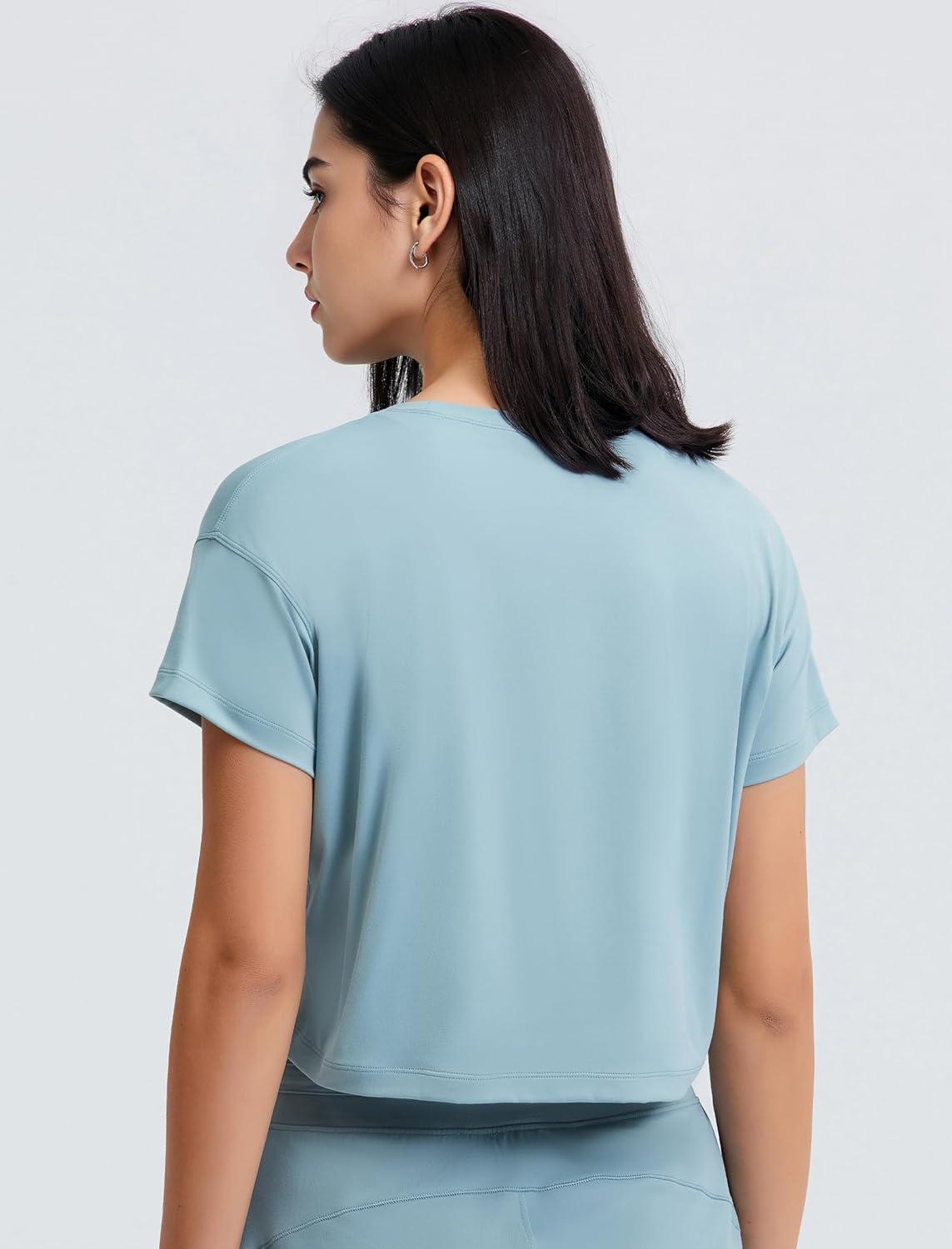 Yvette Workout Crop Tops for Women Loose Fit Short Sleeve Shirts Breathable Athletic Gym Yoga Casual Cropped T-Shirts(Green)