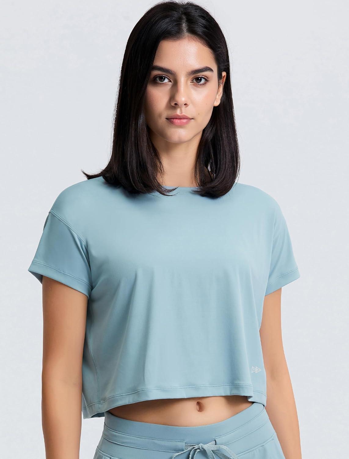 Yvette Workout Crop Tops for Women Loose Fit Short Sleeve Shirts Breathable Athletic Gym Yoga Casual Cropped T-Shirts(Green)