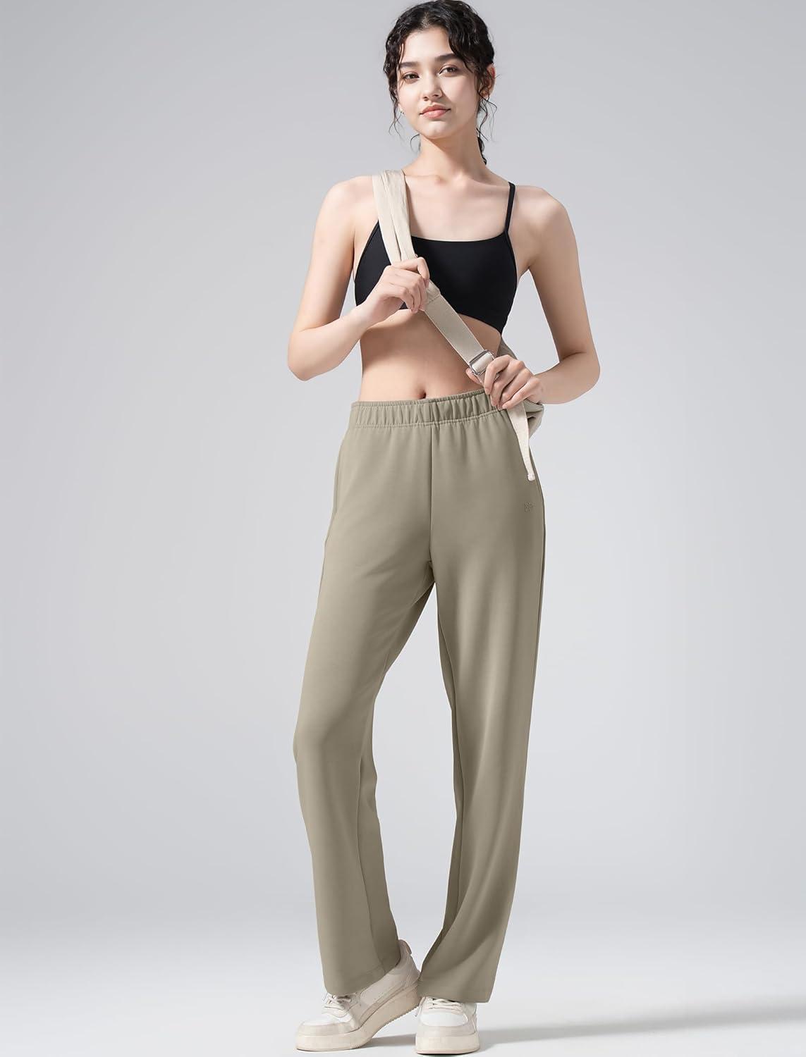 Yvette Women’s Sweatpants Casual Pants Open Bottom with Pockets Yoga Lounge(Oak)