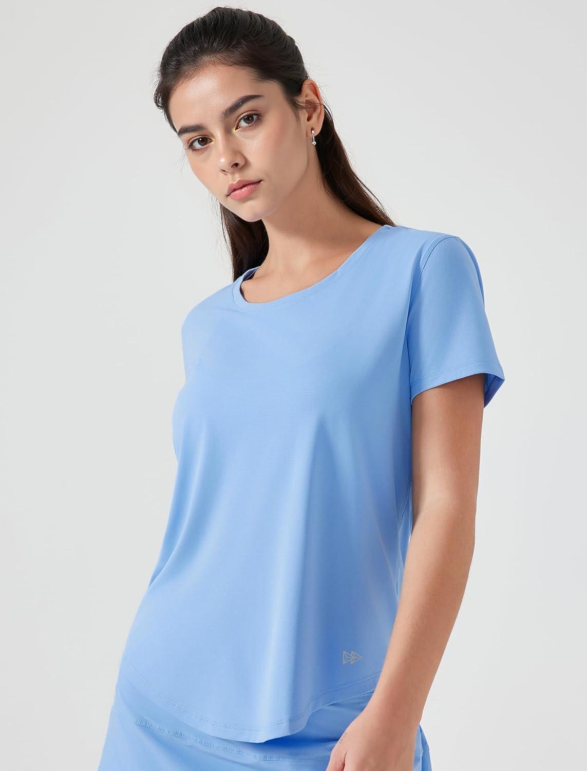 Yvette Women’s Athletic Shirts Short Sleeve Workout Tennis Yoga Running Gym Basic Tee Top Casual T-Shirts(Blue)