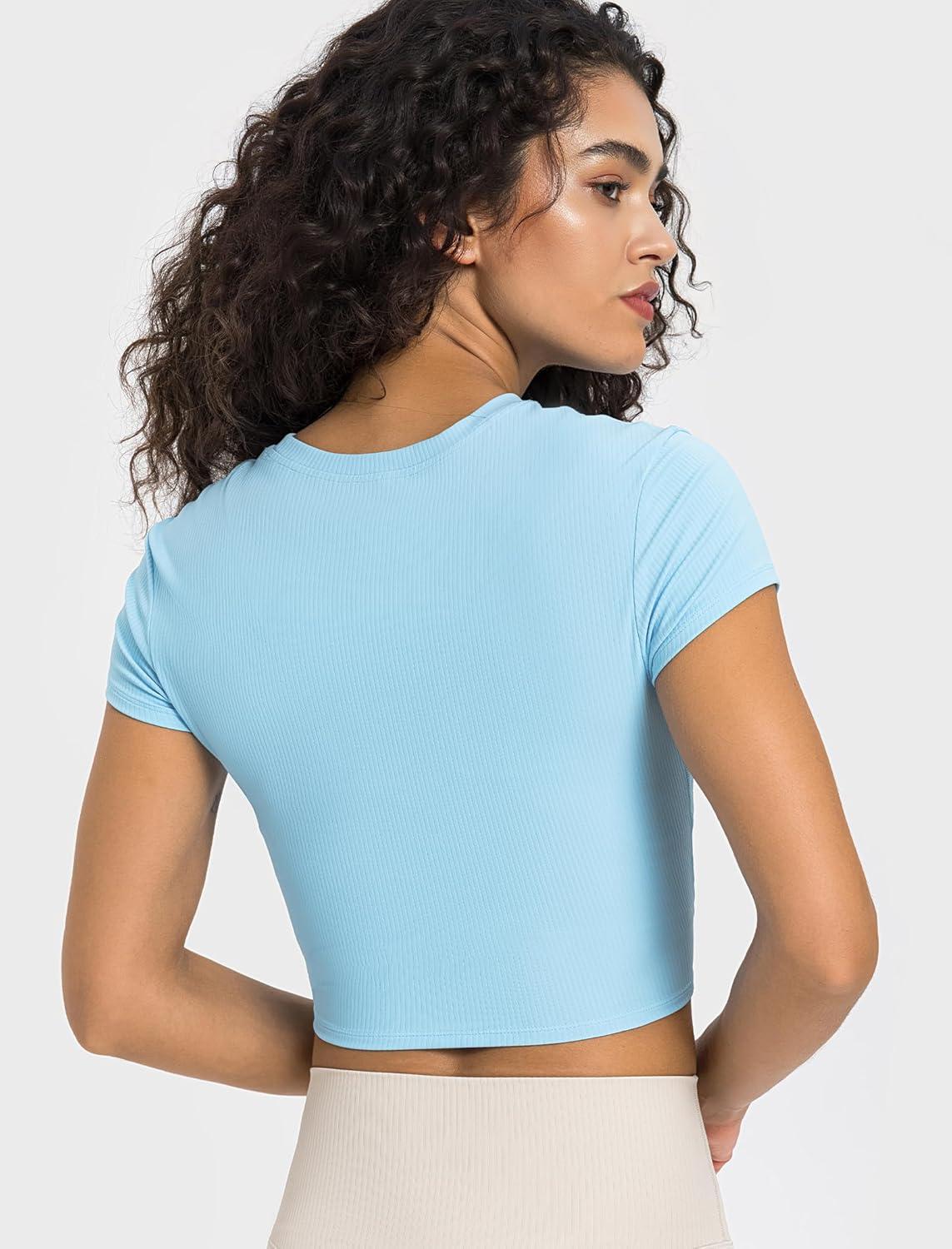 Yvette Women’s Athletic T-Shirts Workout Crop Top Short Sleeve Running Basic Tee Gym Casual Cropped Shirts(Blue)
