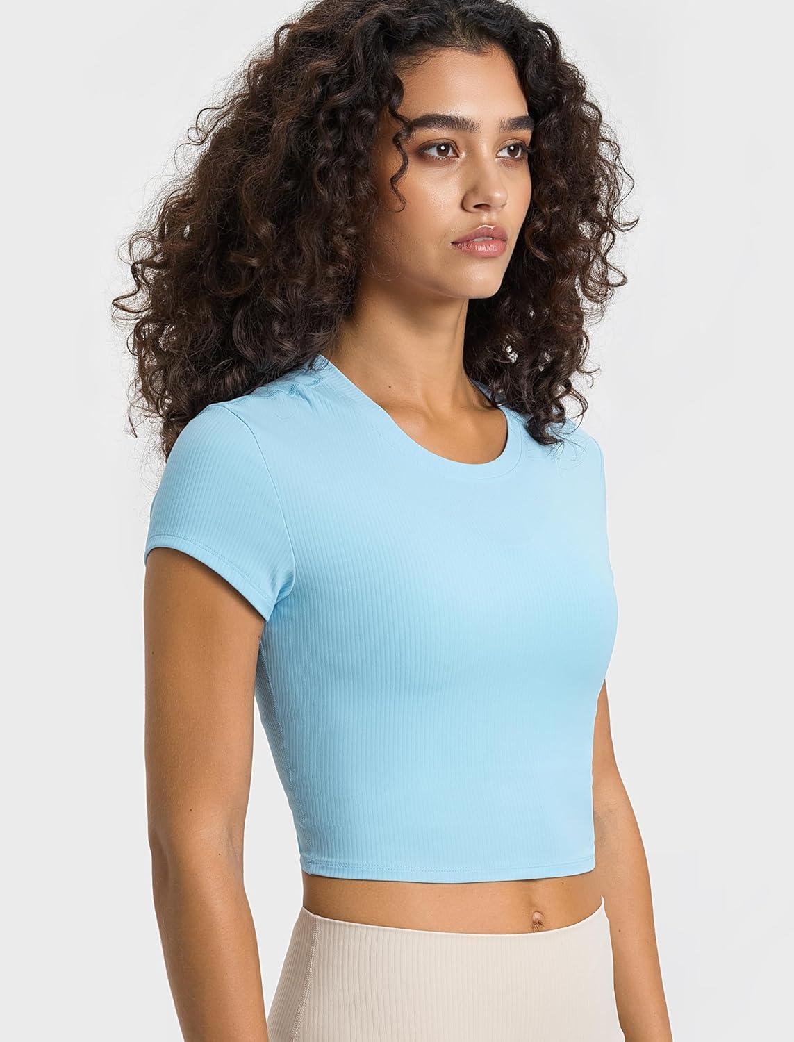 Yvette Women’s Athletic T-Shirts Workout Crop Top Short Sleeve Running Basic Tee Gym Casual Cropped Shirts(Blue)
