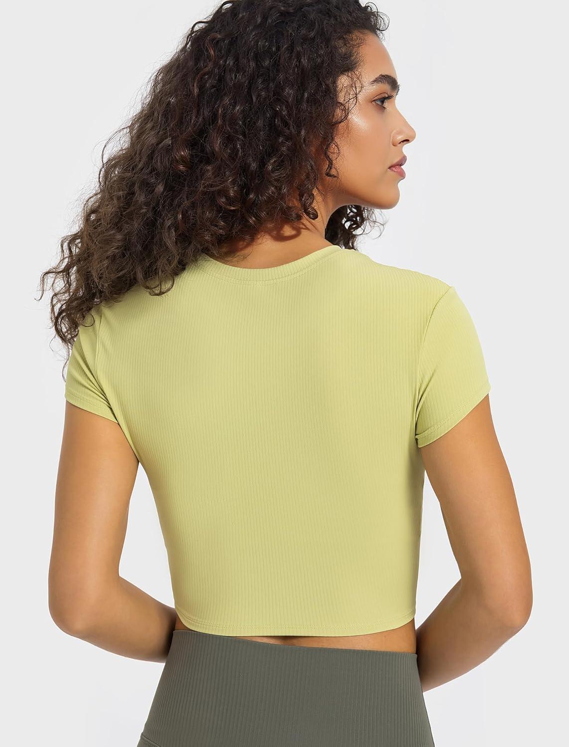 Yvette Women’s Athletic T-Shirts Workout Crop Top Short Sleeve Running Basic Tee Gym Casual Cropped Shirts(Yellow)
