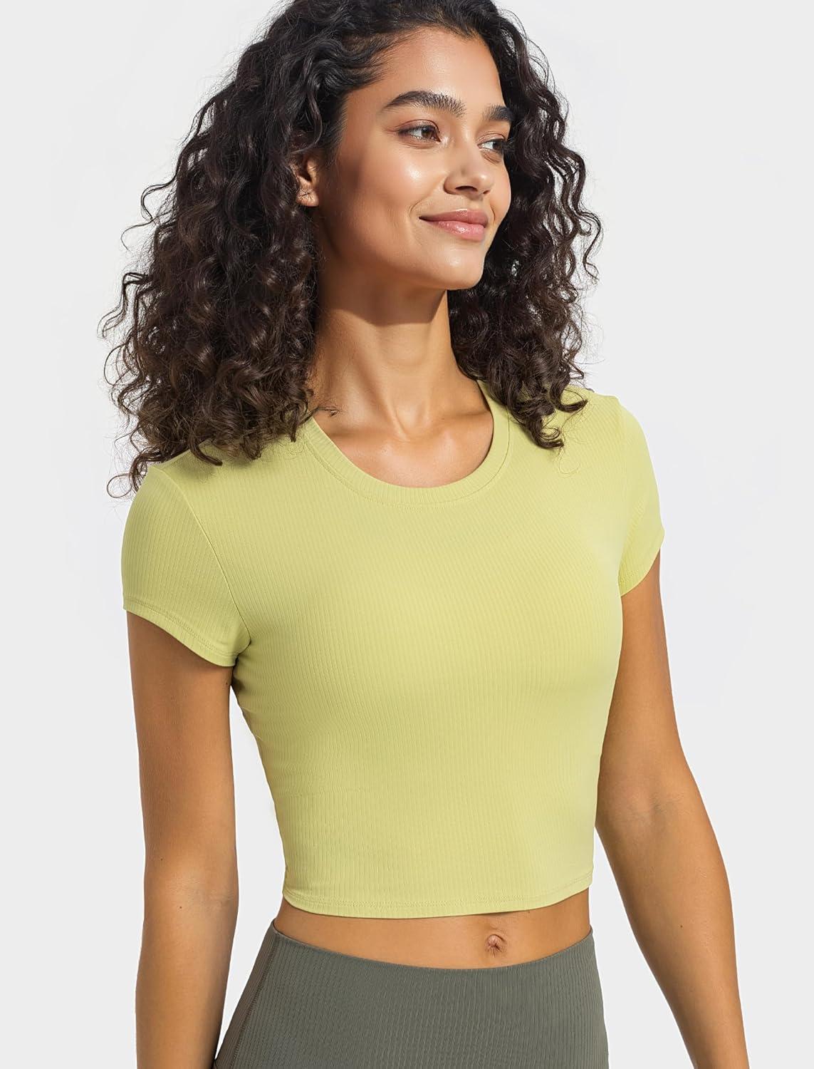Yvette Women’s Athletic T-Shirts Workout Crop Top Short Sleeve Running Basic Tee Gym Casual Cropped Shirts(Yellow)