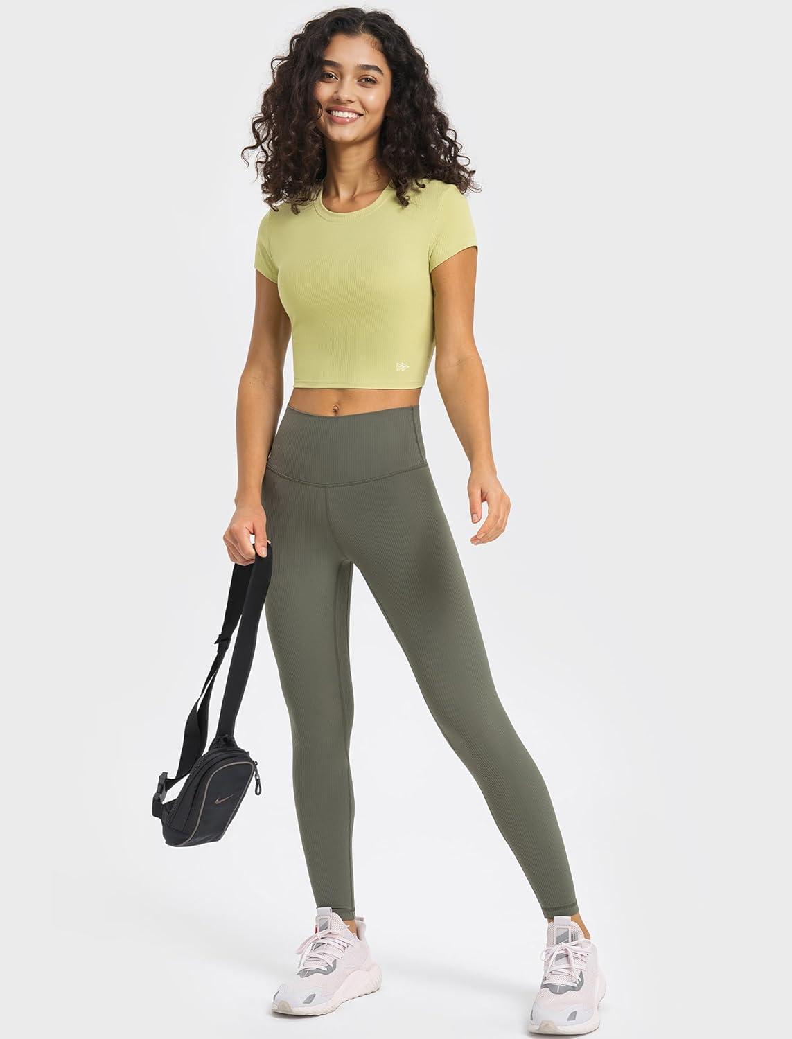 Yvette Women’s Athletic T-Shirts Workout Crop Top Short Sleeve Running Basic Tee Gym Casual Cropped Shirts(Yellow)
