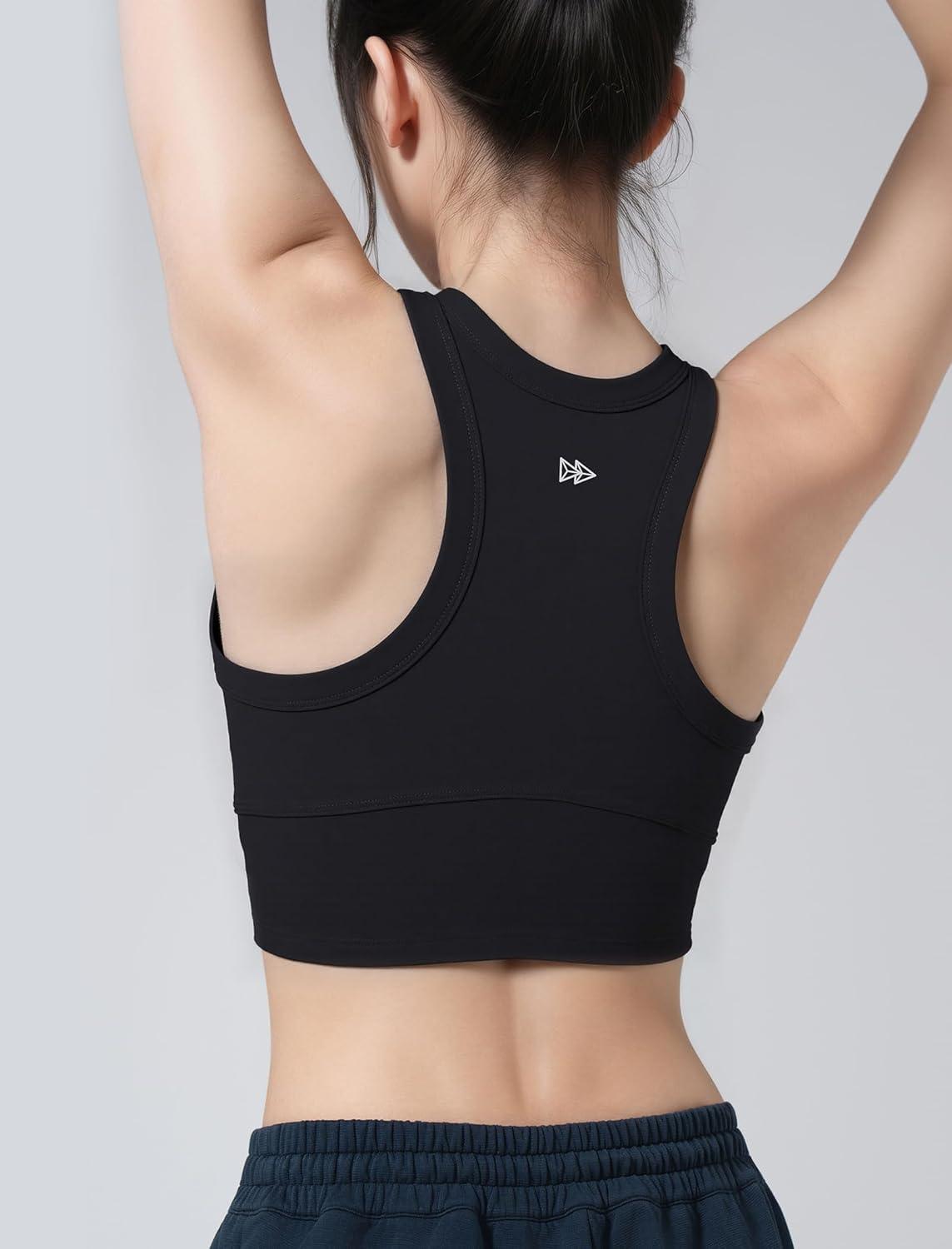 Yvette Longline High Neck Sports Bras for Women Racerback Padded Crop Tank Top with Built in Bra Workout Yoga(Black)