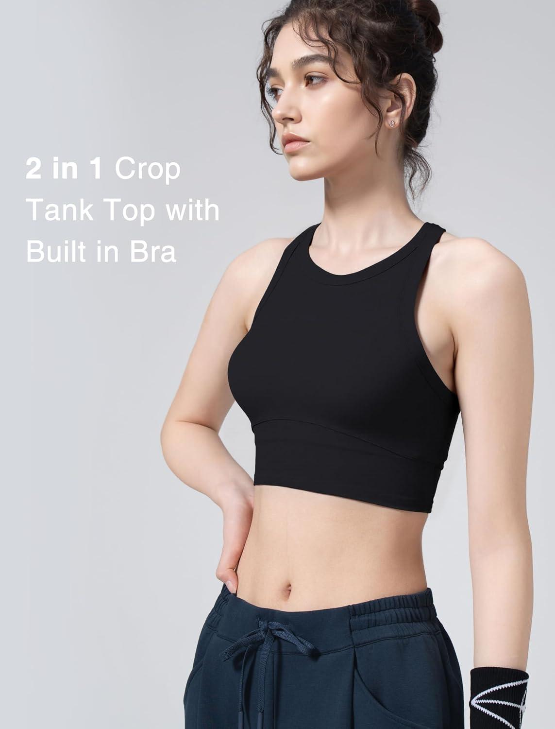 Yvette Longline High Neck Sports Bras for Women Racerback Padded Crop Tank Top with Built in Bra Workout Yoga(Black)