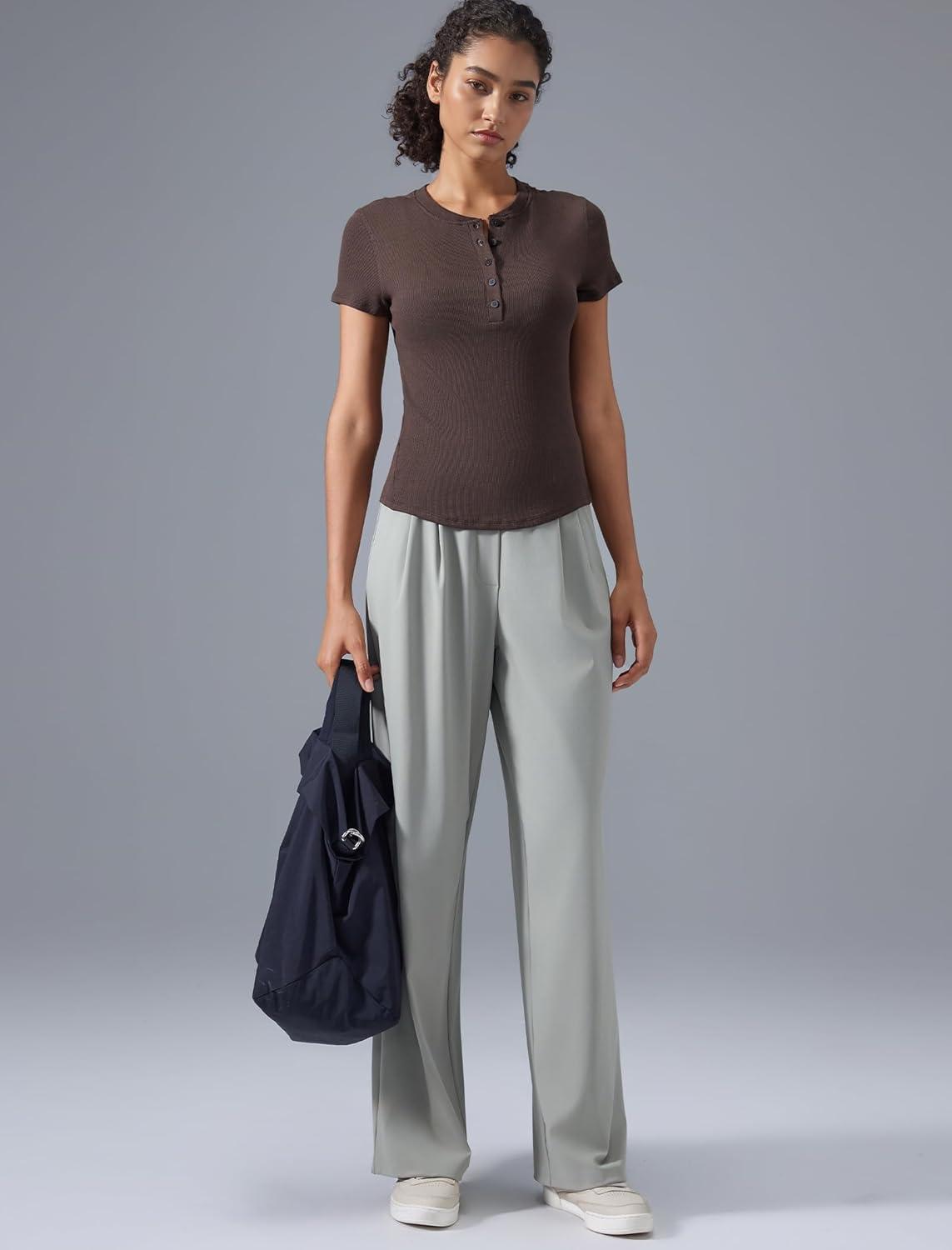 Yvette Dress Pants for Women Wide Leg Pleated Trousers High Waist Yoga Pants with Pockets(Stone)