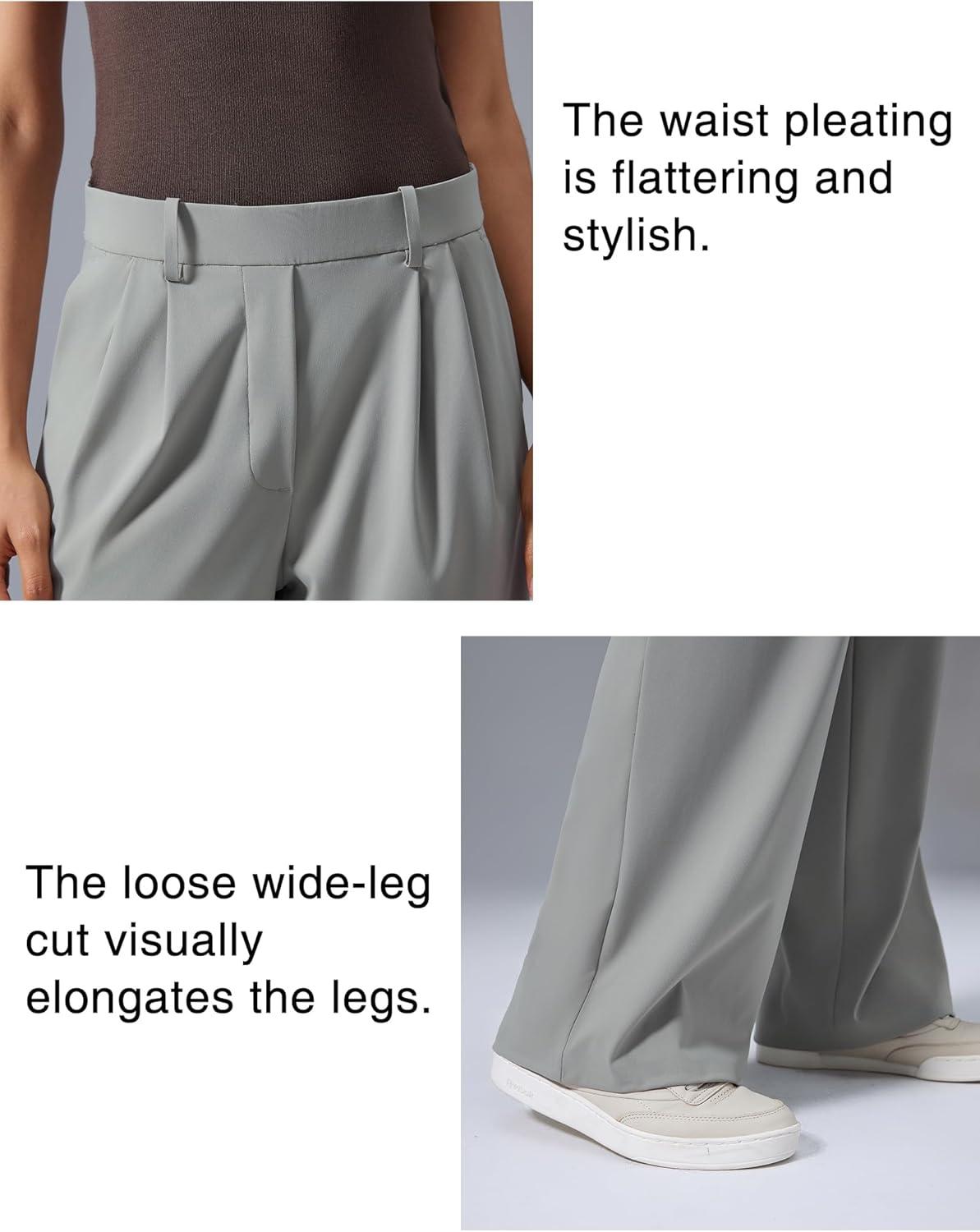 Yvette Dress Pants for Women Wide Leg Pleated Trousers High Waist Yoga Pants with Pockets(Stone)