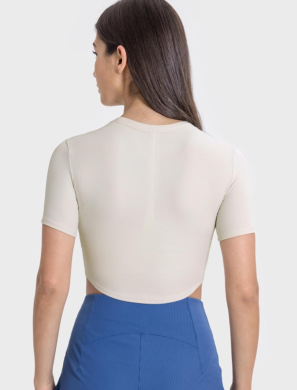 Yvette Womens Cropped Top Short Sleeve Breathable T-Shirts Athletic Yoga Tee Tops(Off-white)
