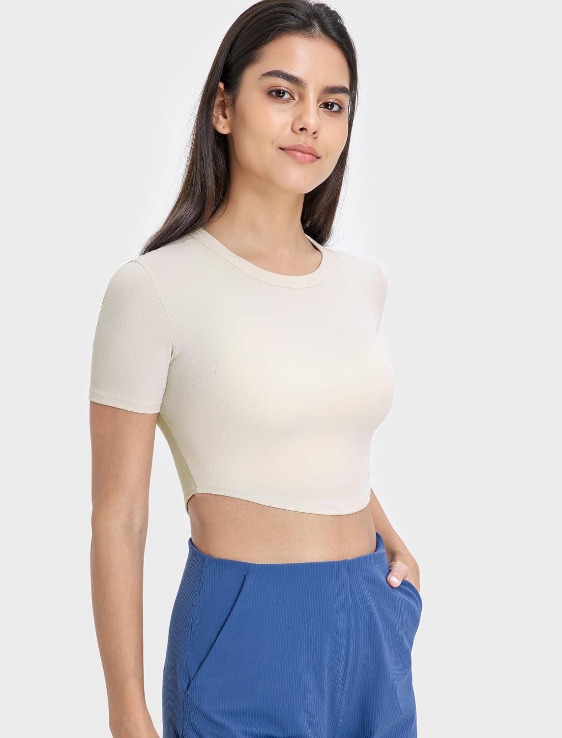 Yvette Womens Cropped Top Short Sleeve Breathable T-Shirts Athletic Yoga Tee Tops(Off-white)