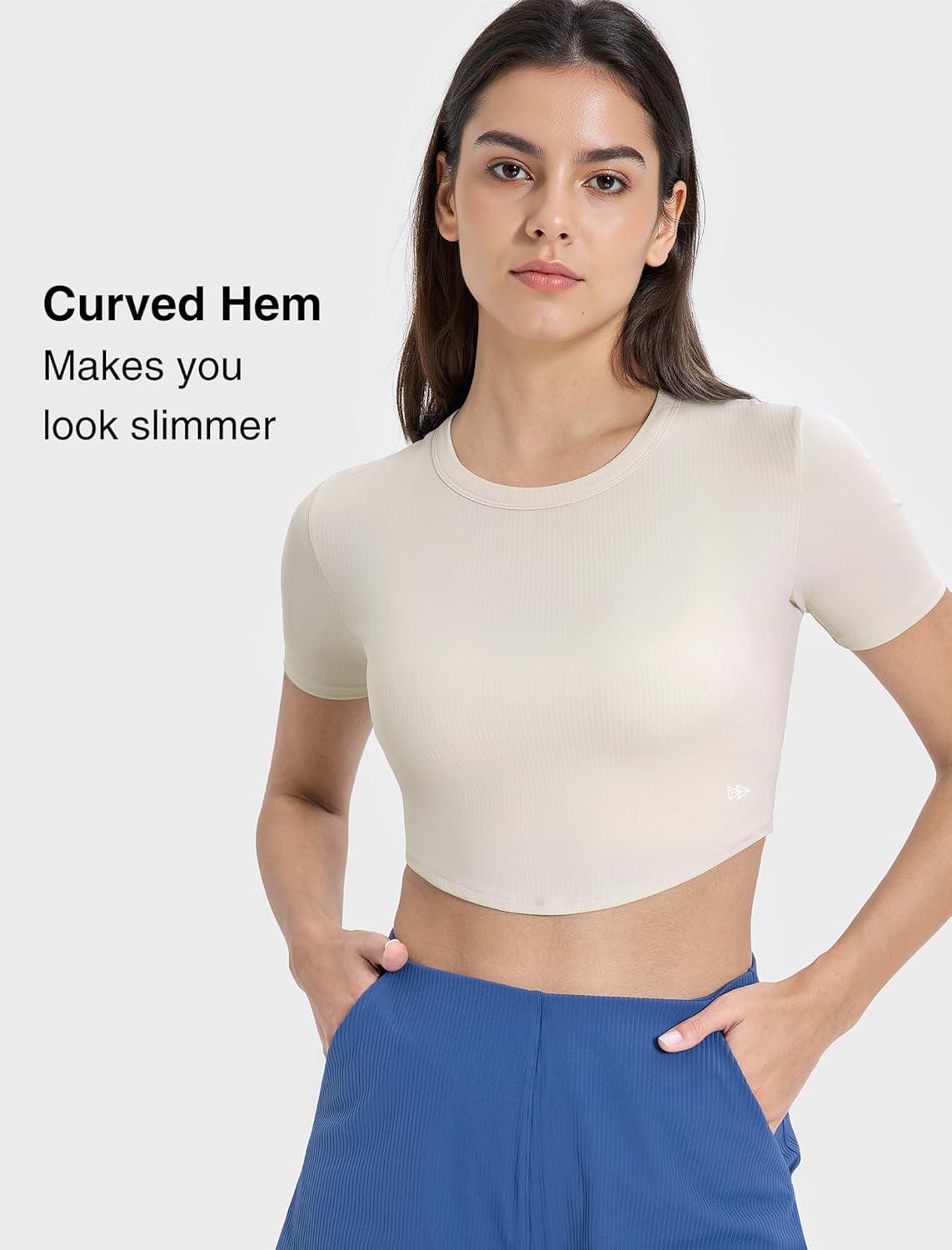 Yvette Womens Cropped Top Short Sleeve Breathable T-Shirts Athletic Yoga Tee Tops(Off-white)