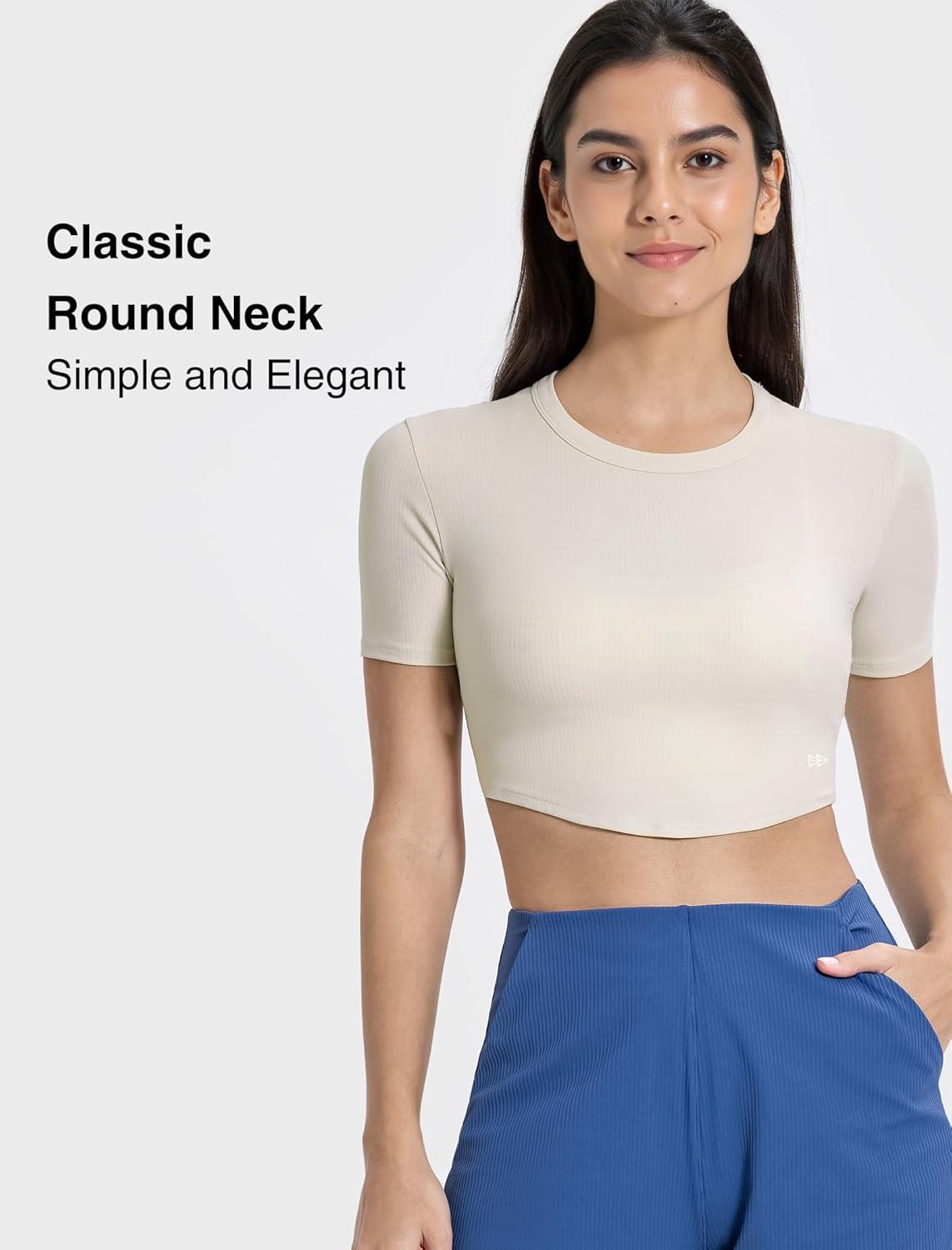 Yvette Womens Cropped Top Short Sleeve Breathable T-Shirts Athletic Yoga Tee Tops(Off-white)