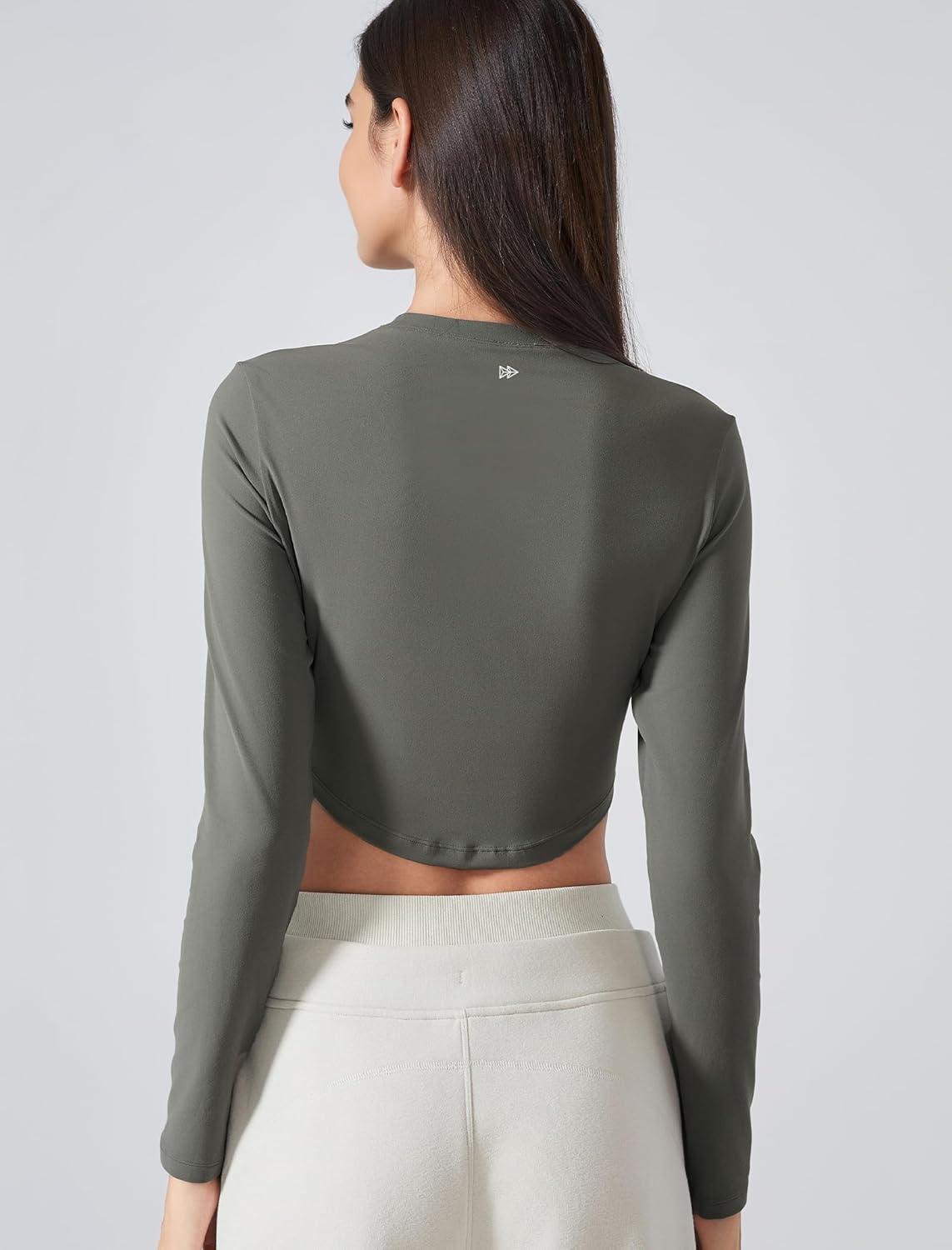 Yvette Women’s Workout Athletic T-Shirts Long Sleeve Running Basic Tee Top Gym Casual Cropped Shirts(Army Green)