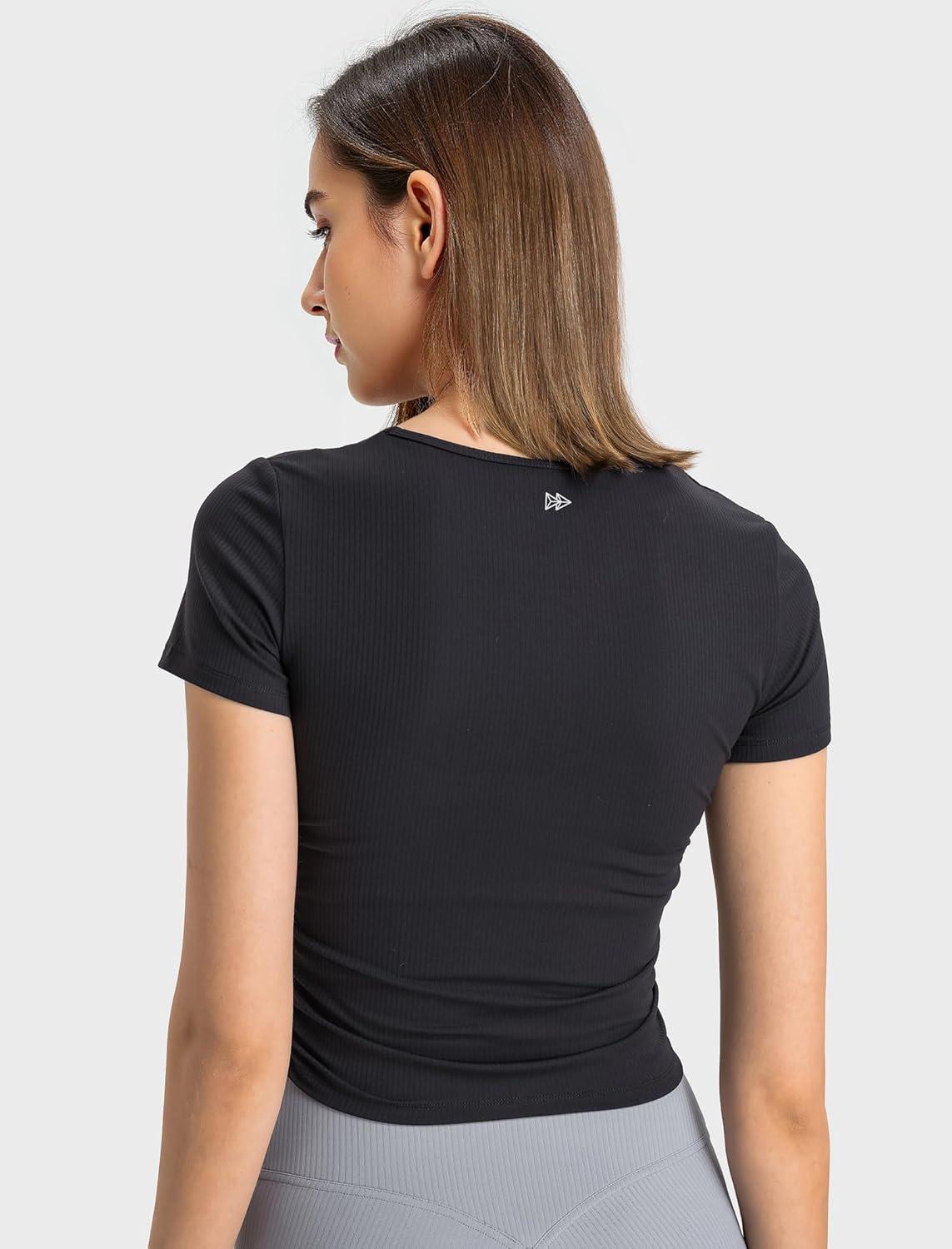 Yvette Women’s Short Sleeve Crop Tops Slim Fit Breathable Cropped Athletic Shirts Gym Casual Workout Basic Tee(Black)