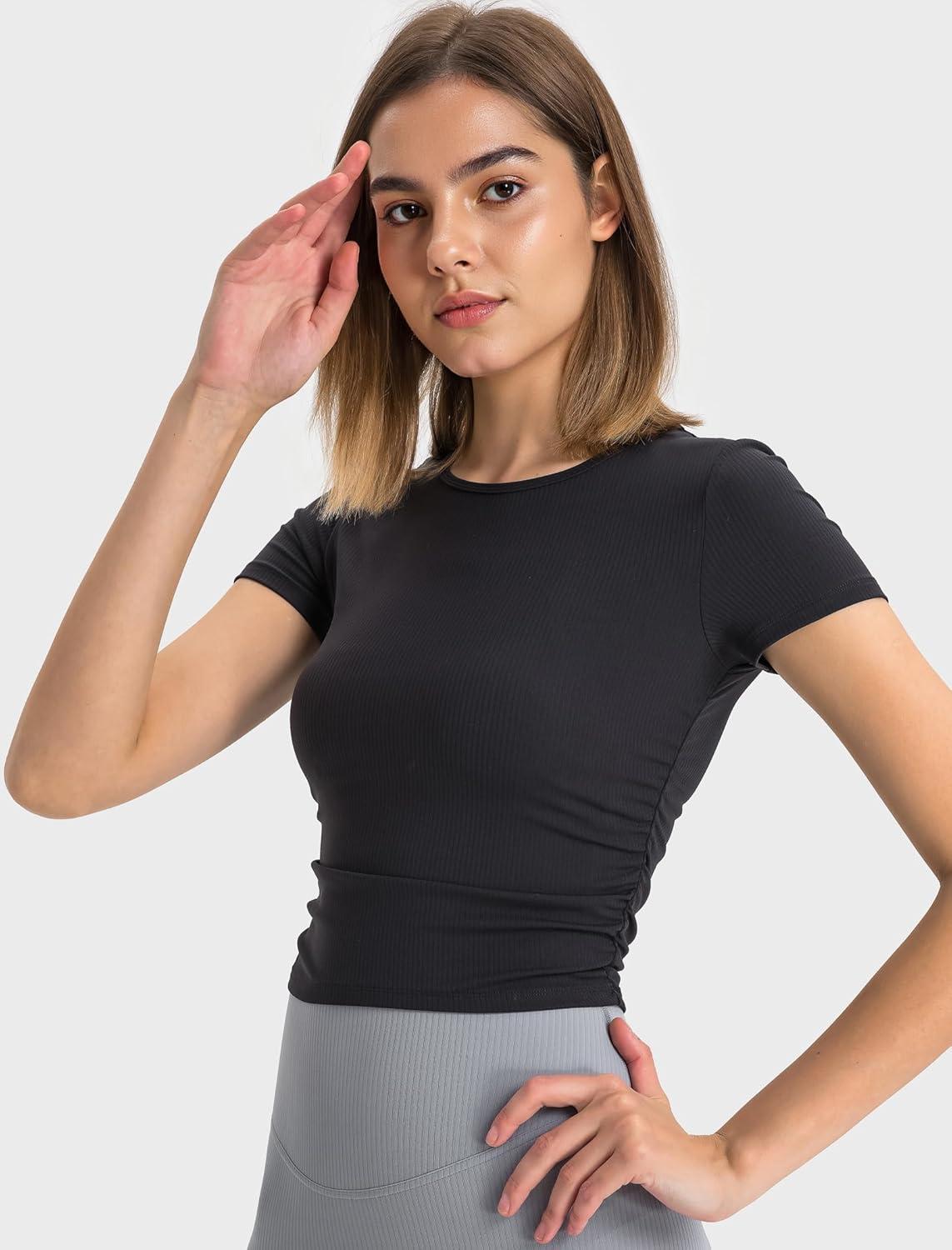 Yvette Women’s Short Sleeve Crop Tops Slim Fit Breathable Cropped Athletic Shirts Gym Casual Workout Basic Tee(Black)